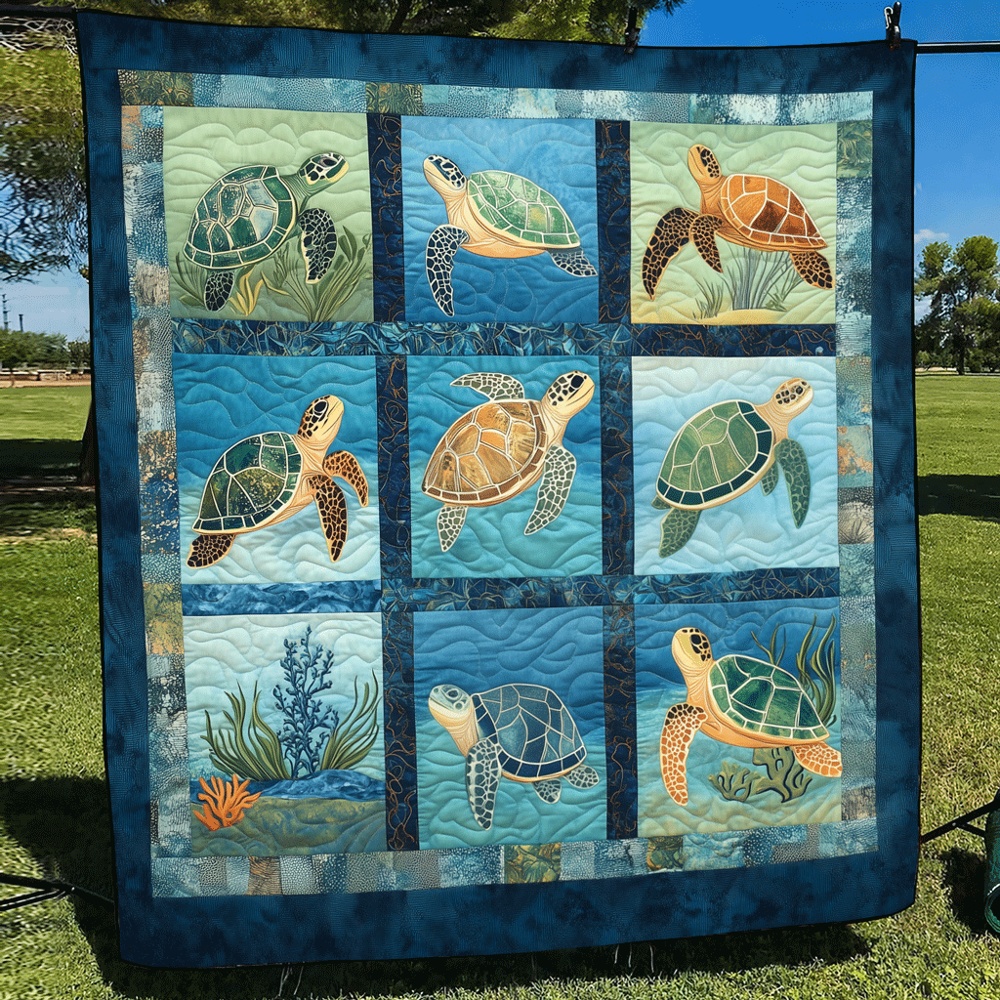 Sea Turtle Panel Quilted Blanket Ocean Life Nature Art Cozy Throw Best Gift For Sea Turtle Lovers