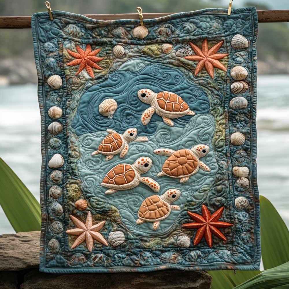 Sea Turtle Quilted Blanket Baby Turtle Ocean Art Cozy Bedding Coastal Warm Throw Gift Turtle Fan