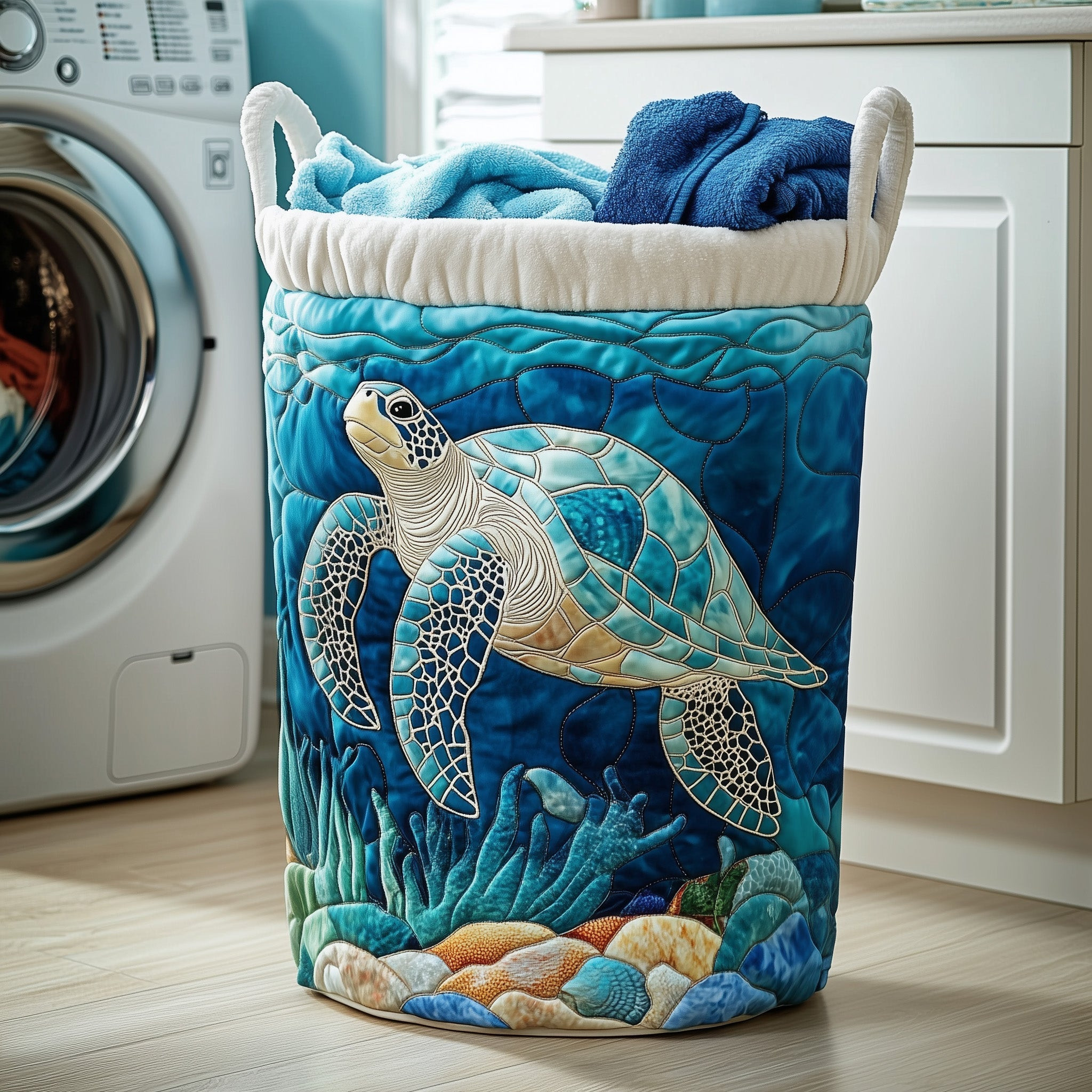 Sea Turtle Quilted Laundry Basket Ocean Themed Unique Home Decor Best Gifts For Turtle Lovers