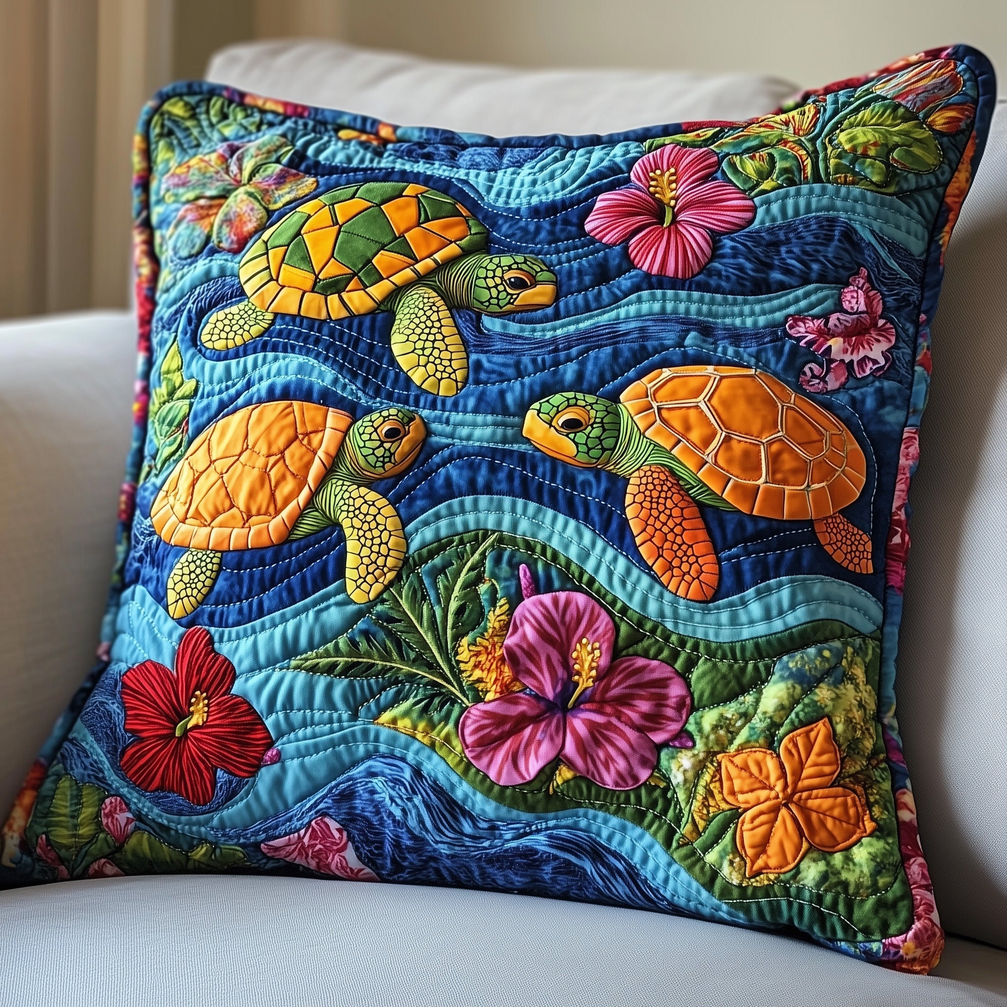 Sea Turtle Serenity Quilted Pillow Case Decorative Pillow Cover MerchSea Turtles Chritmas Gift Ideas