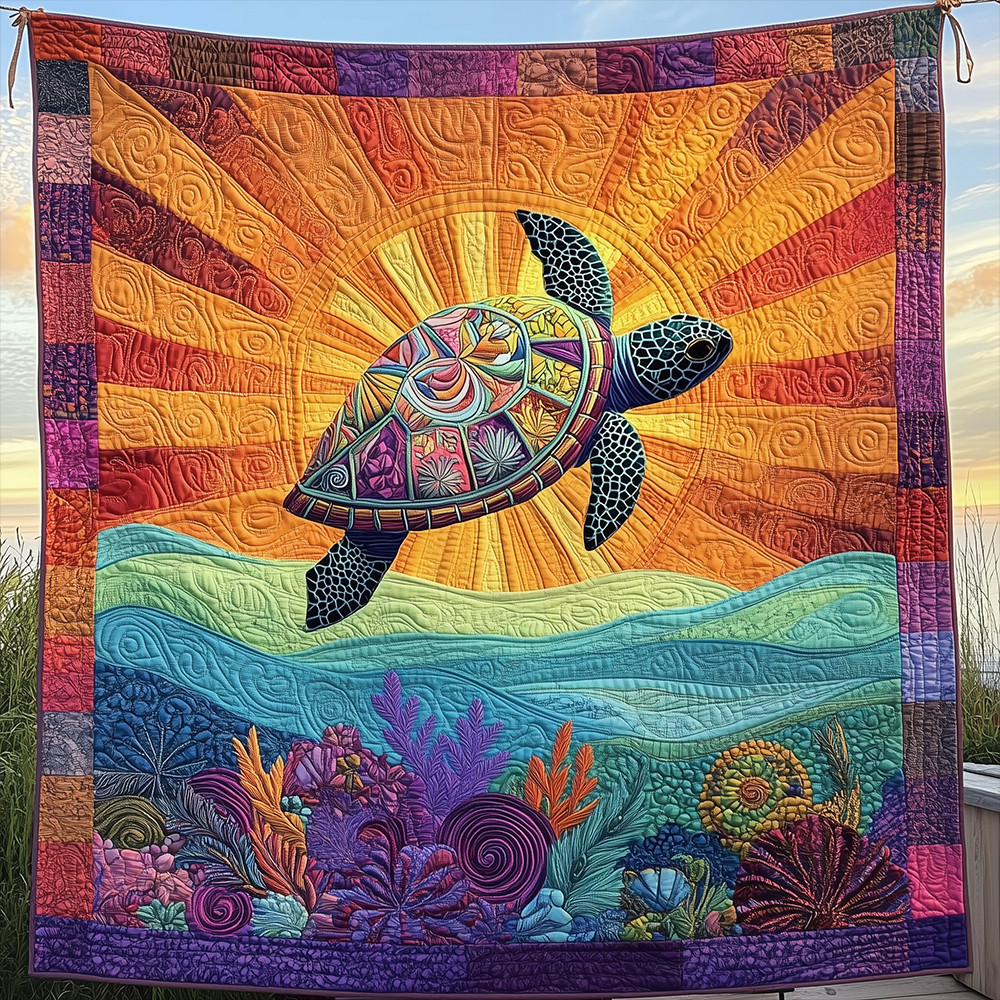 Sea Turtle Sunset Quilted Blanket Holiday Bedroom Decorations Grandma Turtle Gift Ideas