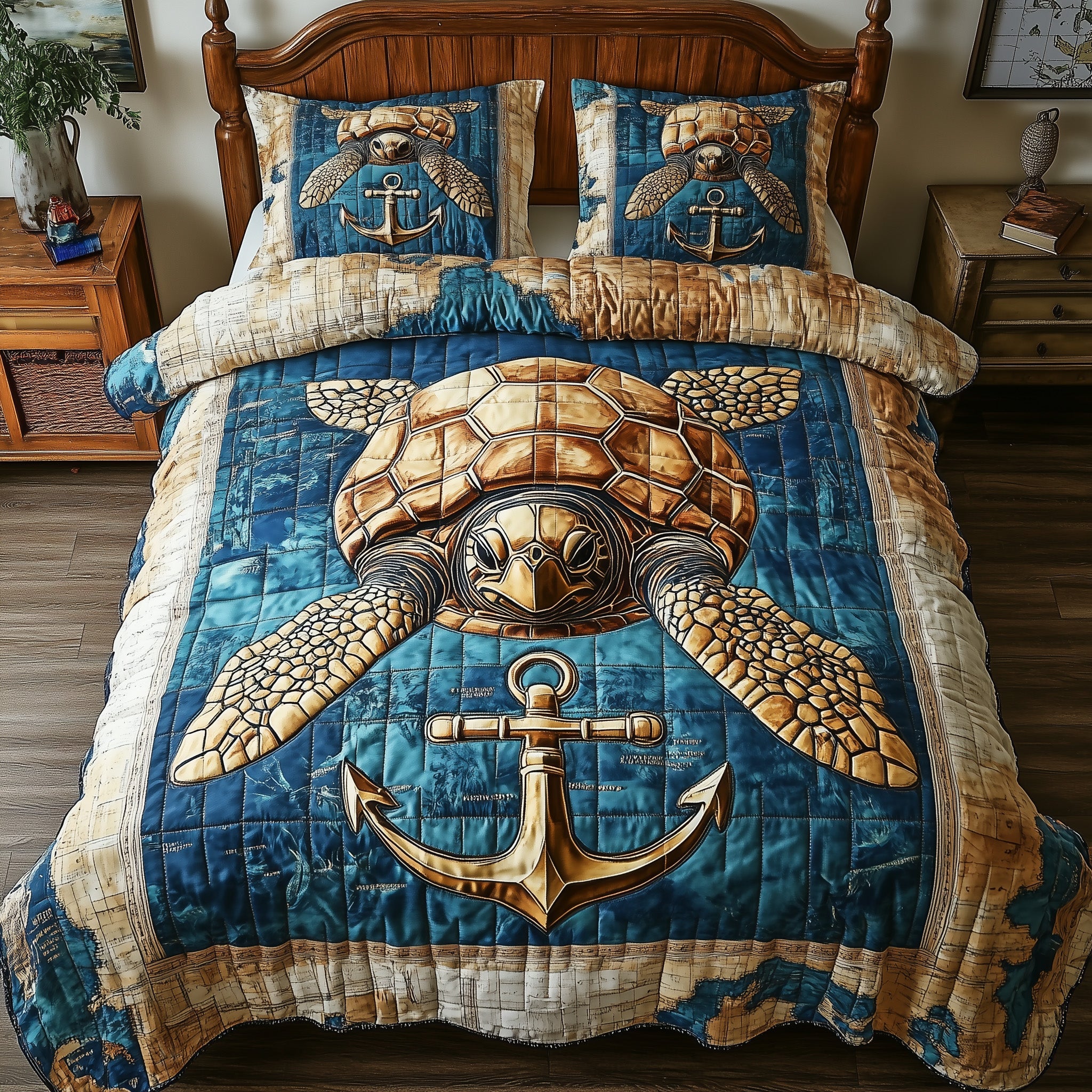 Sea Voyage Turtle Quilted Bedding Set Duvet Cover Bed Sheet Cute Turtle Lover Gift Ideas