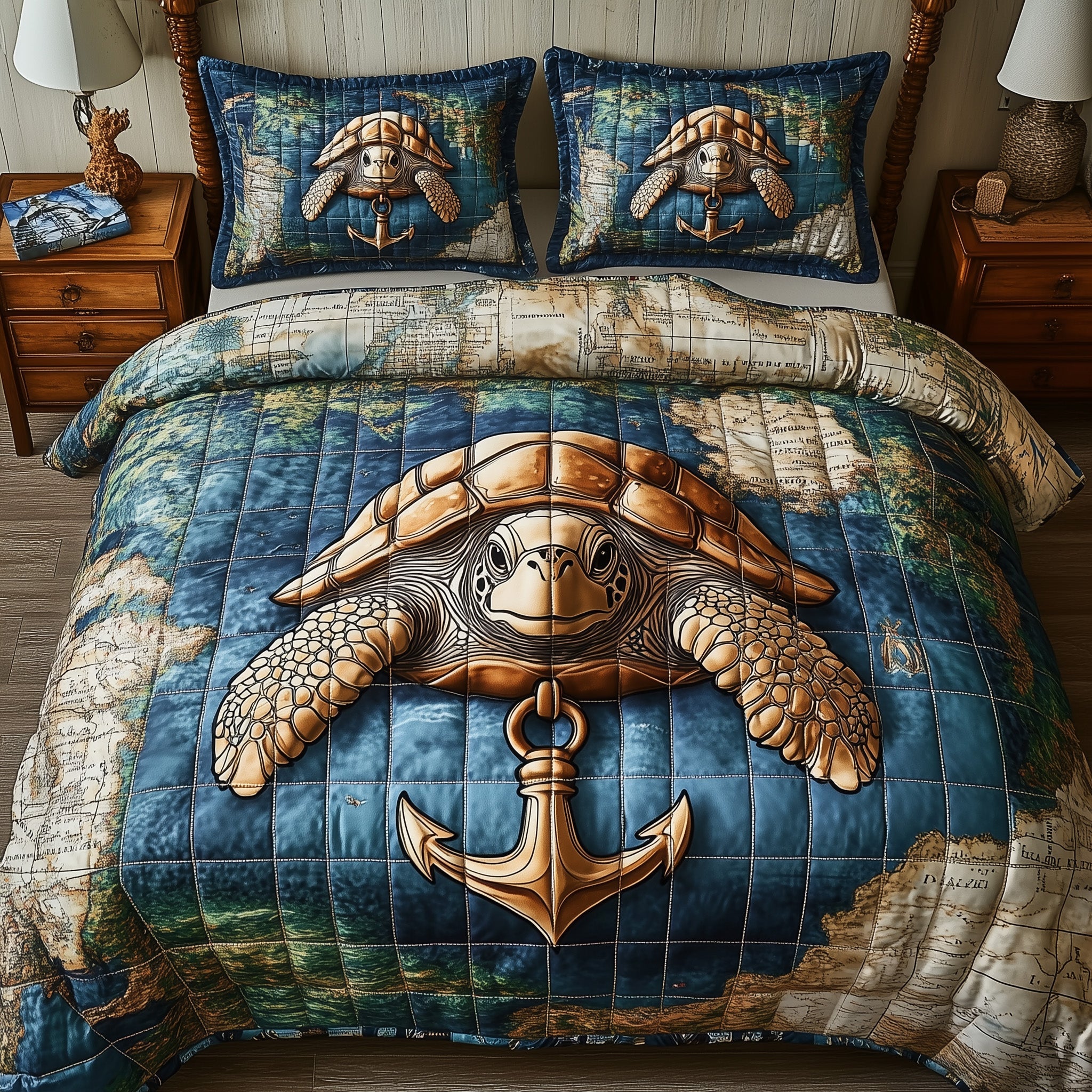Sea Voyage Turtle Quilted Bedding Set Duvet Cover Bed Sheet Turtle Gifts For Father's Day