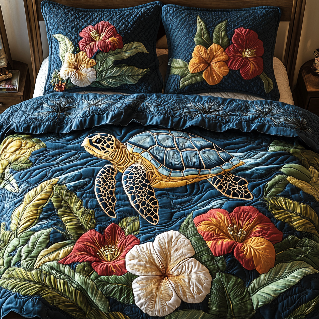 Sea Wanderer Quilted Bedding Set Cute Room Decor Unique Sea Turtle Gifts