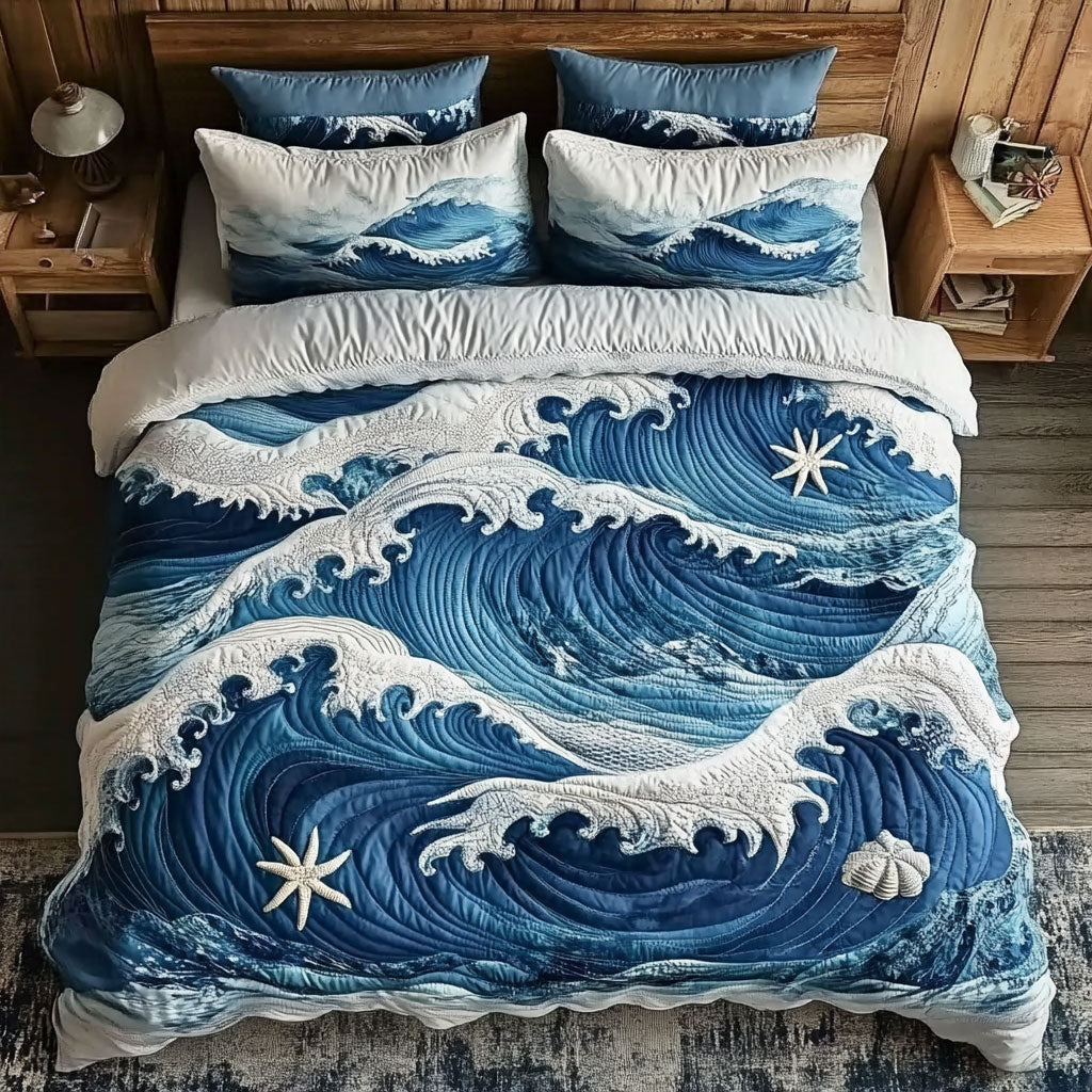 Sea Wave Quilt Bedding Set Twin Comforter Sets Ocean Gift for Family