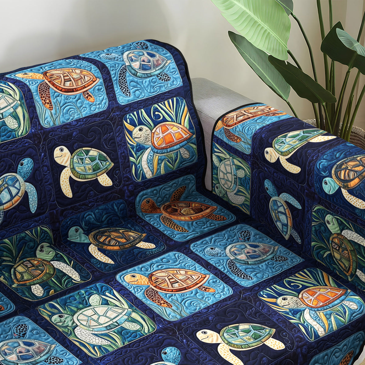 Sea Whisper Quilted Sofa Cover Sofa Chaise Cover Unique Sea Turtle Gifts