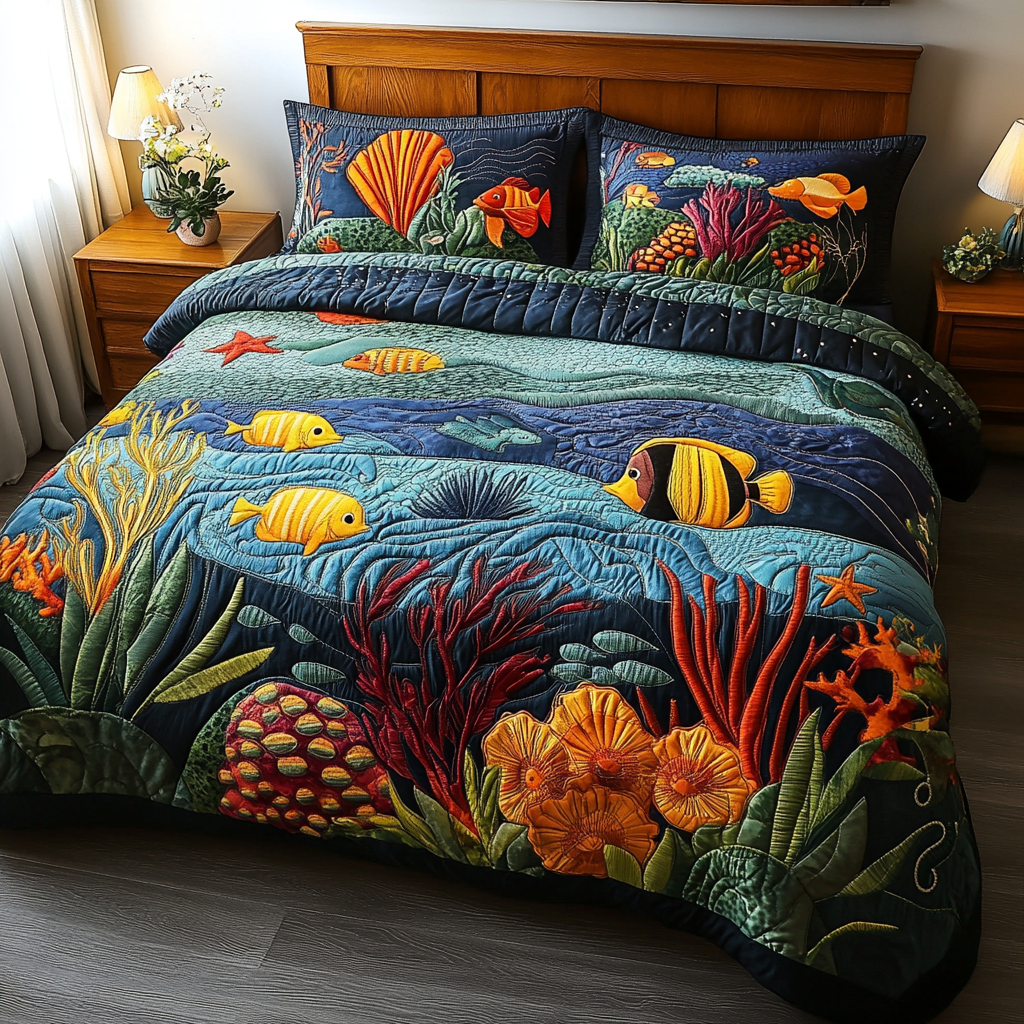 Sea Wonders Quilted Bedding Set Bed Decorations Fishing Presents For Him