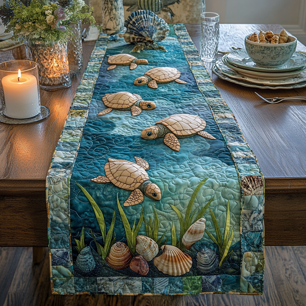 Seagrass Sanctuary Quilted Table Runner Ocean Themed Table Runners Gifts For A Turtle Lover
