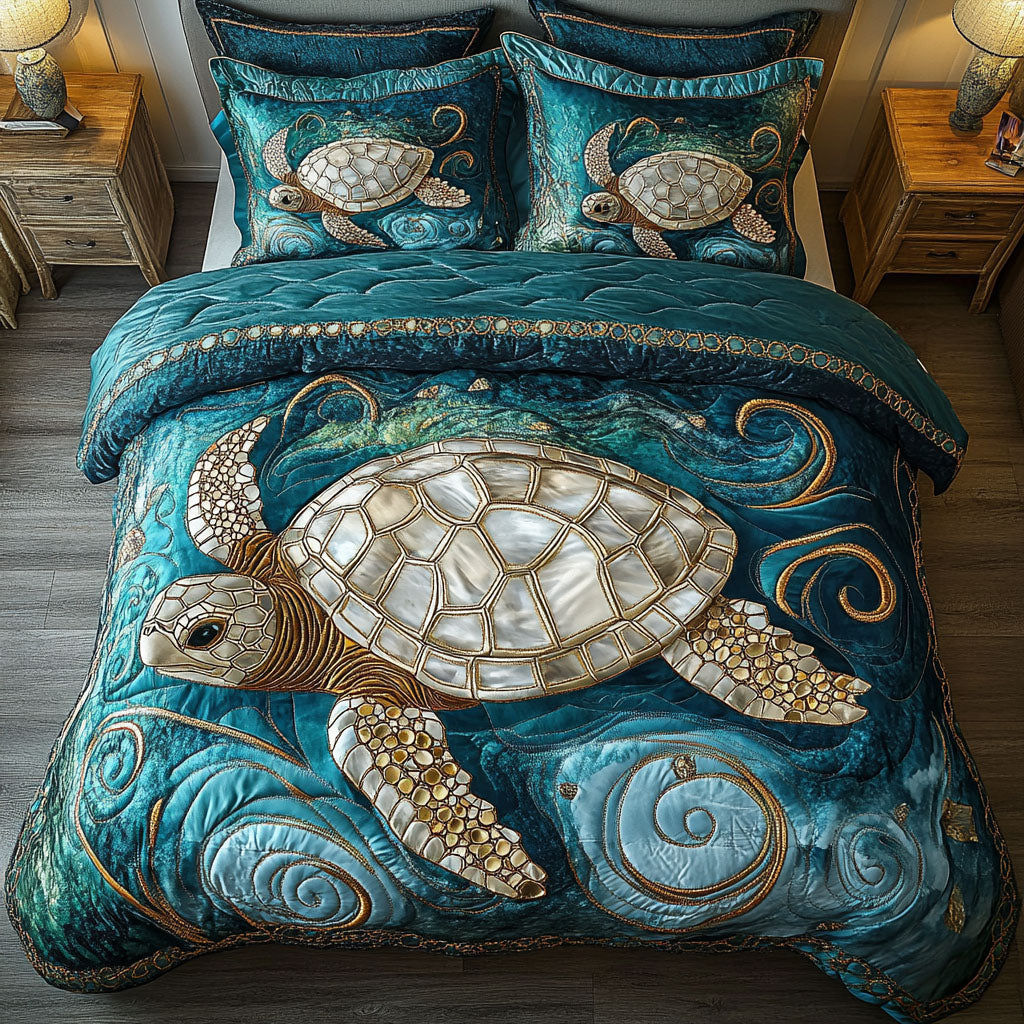 Seagrass Turtle Dance Quilted Bedding Set Holiday Duvet Cover Set Christmas Presents For Sea Turtle Lovers