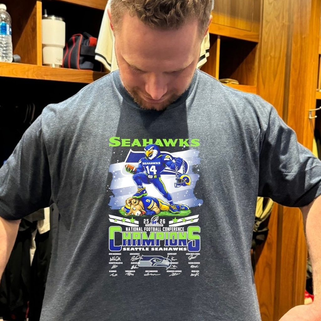 Seahawks Beat Rams 2025 NFC Champions Mascot Signatures Shirt Fan Apparel Brother Gifts Seahawks Beat Rams 2025 NFC Champions Mascot Signatures Shirt Fan Apparel Brother Gifts