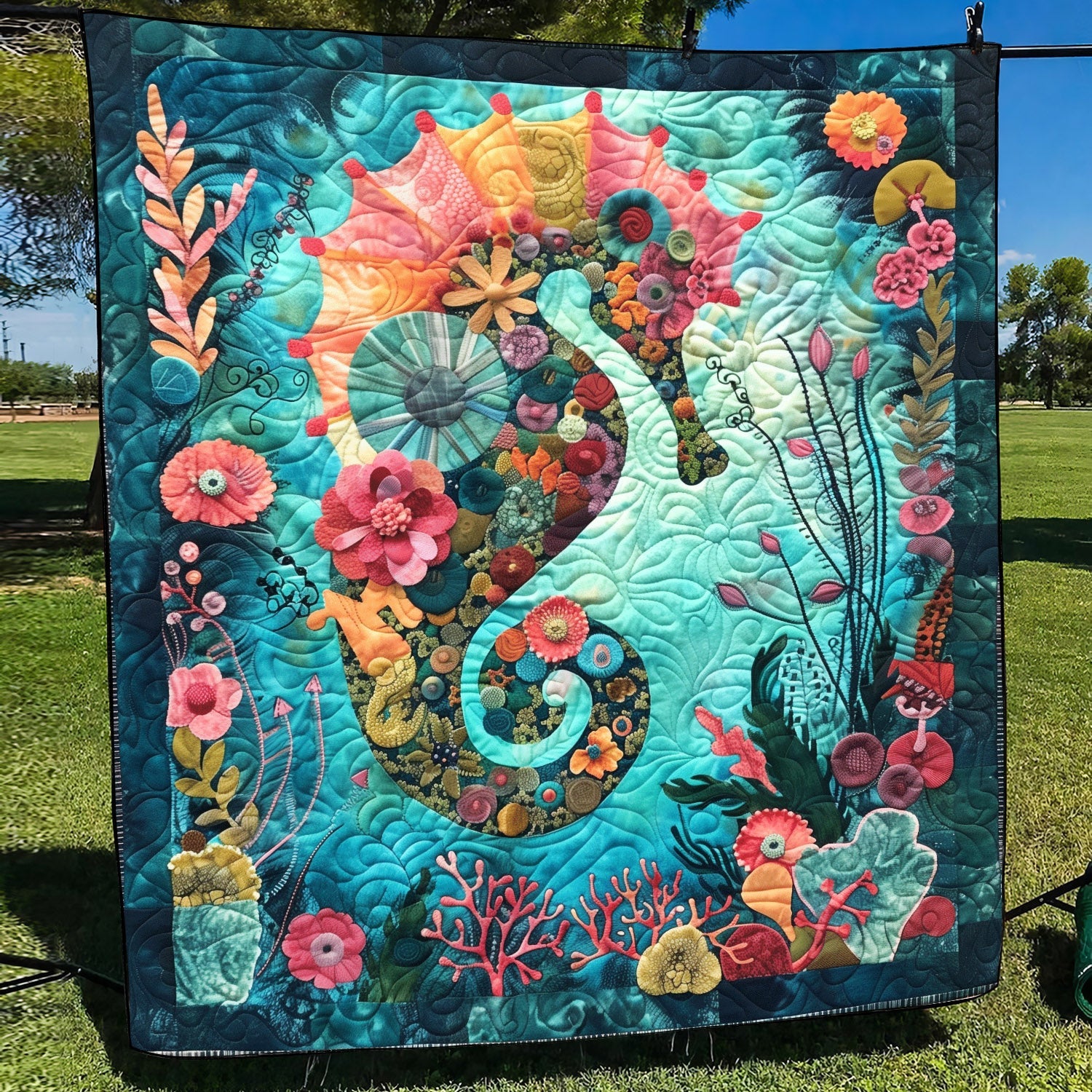 Seahorse in Bloom Quilted Blanket Christmas Plush Blanket