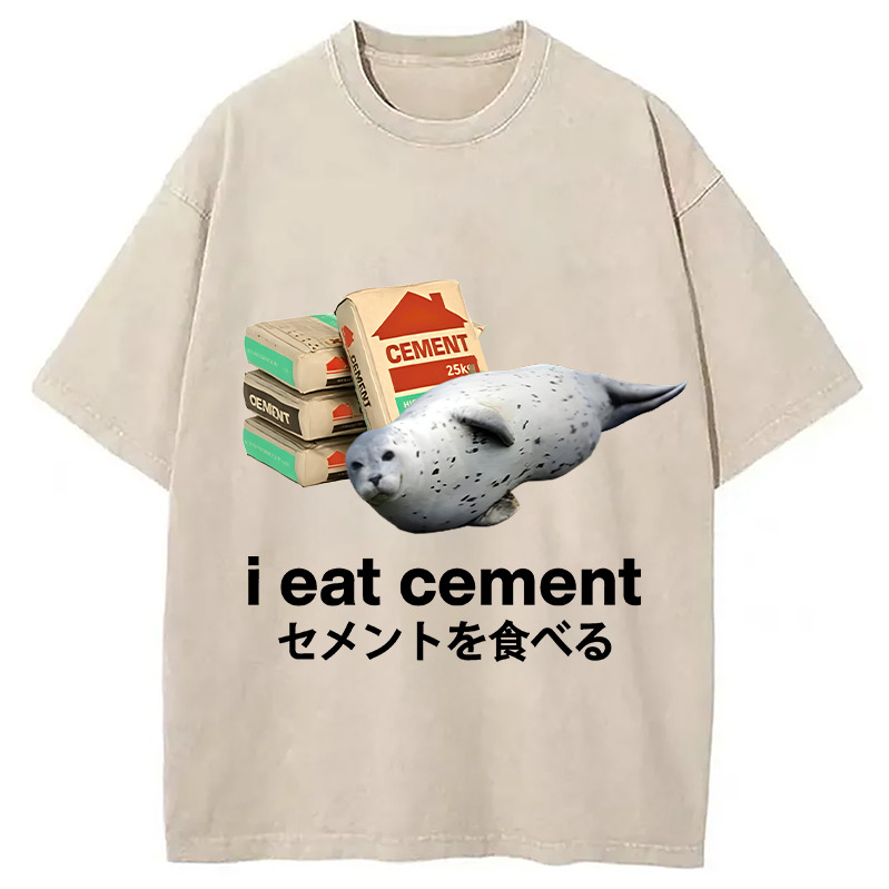 Seal Eat Cement Meme Washed T-Shirt Cool Urban Street Style Shirt Gifts For Him