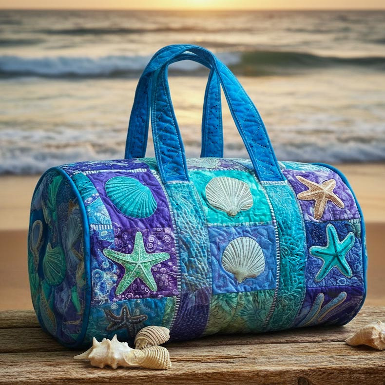 Seashell Calm Quilted Duffle Bag Blue Purple Starfish Ocean Travel Bag Best Gift For Beach Lovers