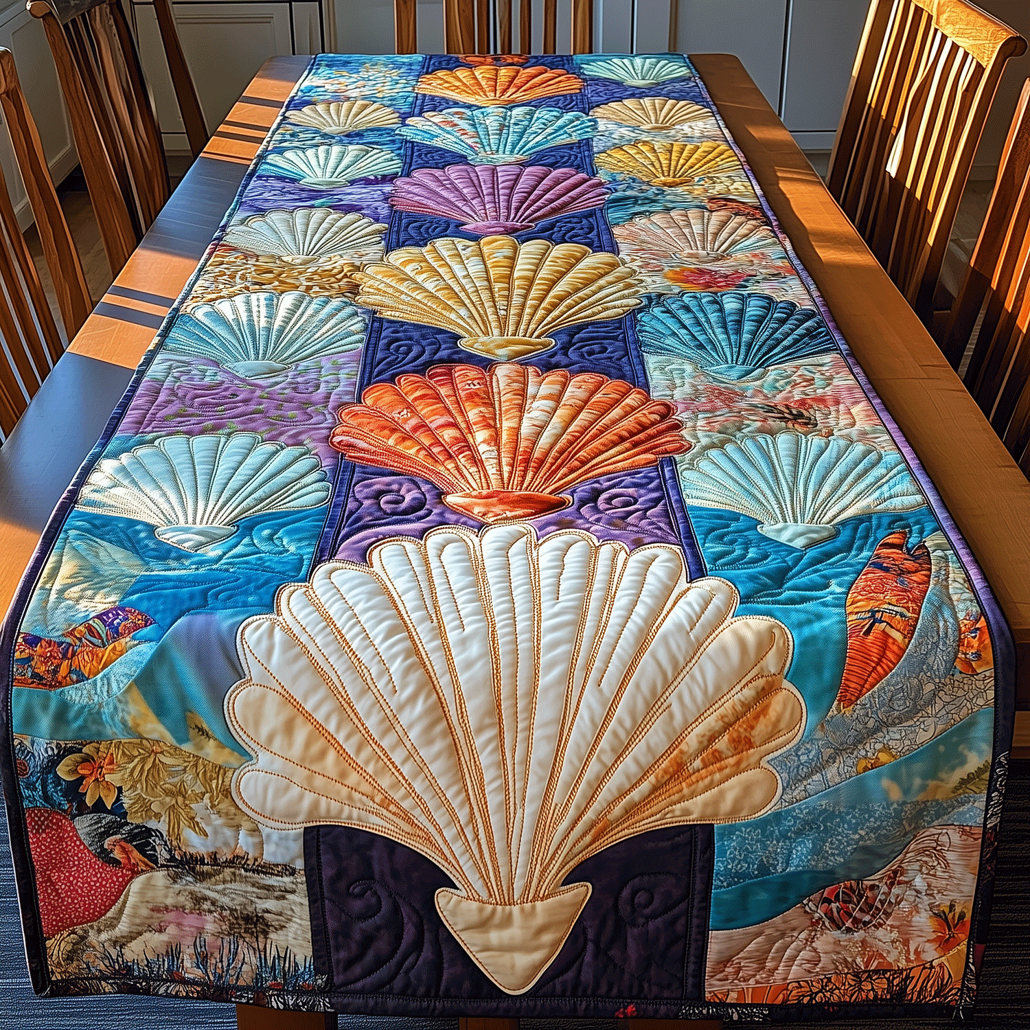 Seashell Harmony Quilted Table Runner Coastal Style Table Runners Great Family Gifts
