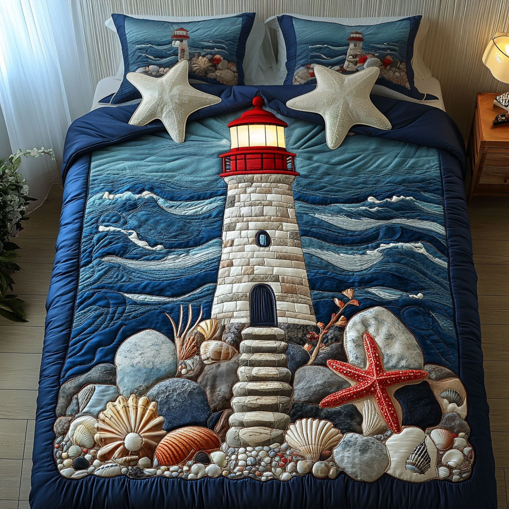 Seashell Haven Quilted Bedding Set Xmas Holiday Duvet Cover Set Lighthouse Gift Shop