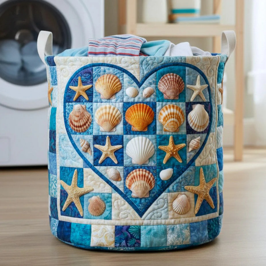 Seashell Heart Ocean Quilted Laundry Basket Coastal Home Decor Best Gift For Beach And Ocean Lovers