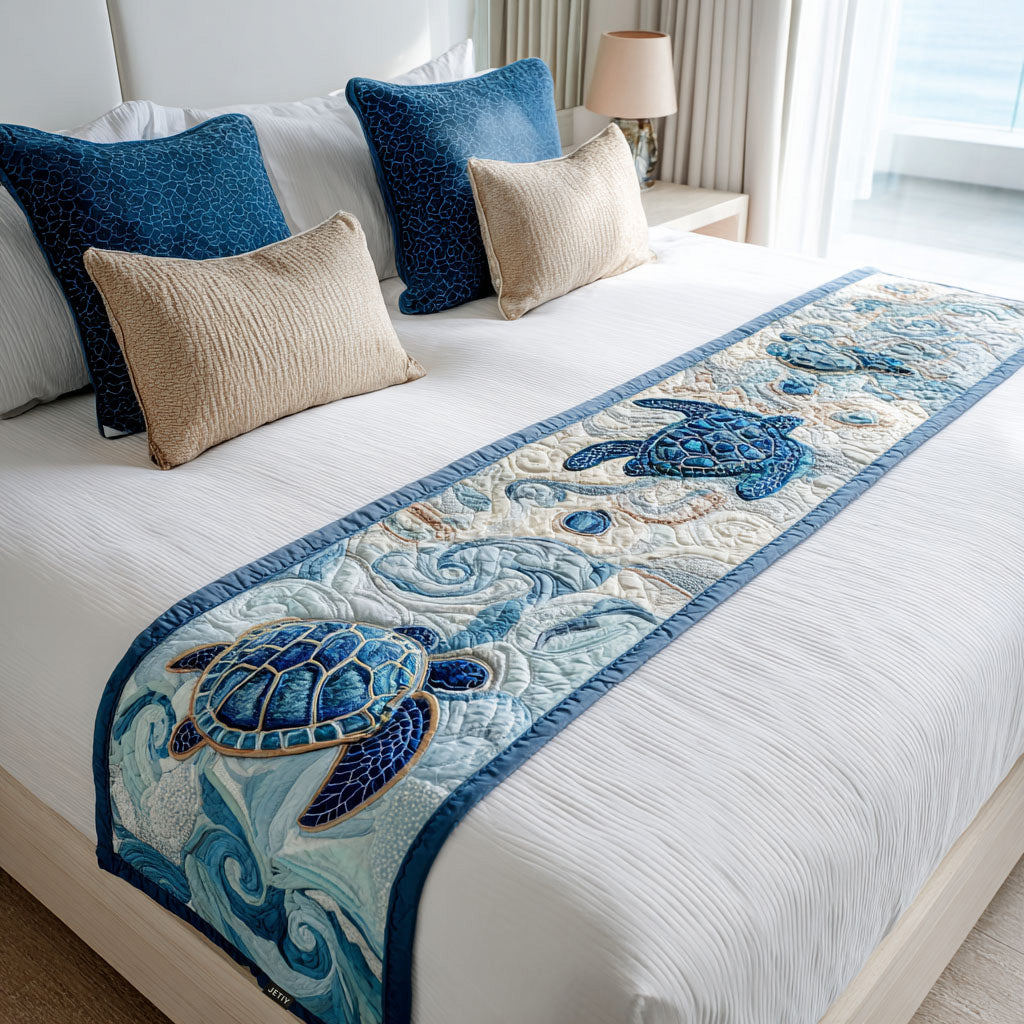Seashell Journey Quilted Bed Runner Cute Bedroom Decor Sea Turtle Gift Ideas