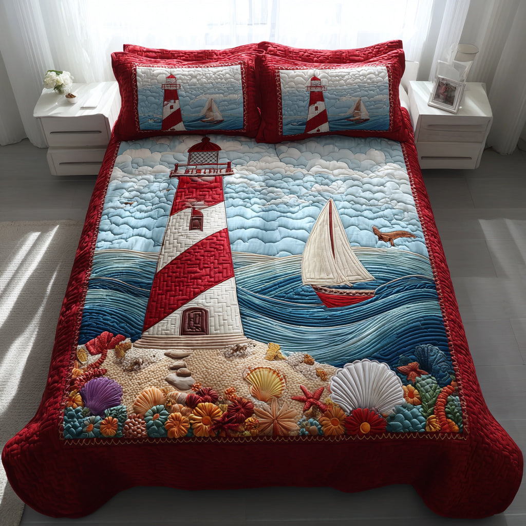 Seashell Lighthouse Shore Quilted Bedding Set Lovely Bedroom Gift Idea for Housewarming