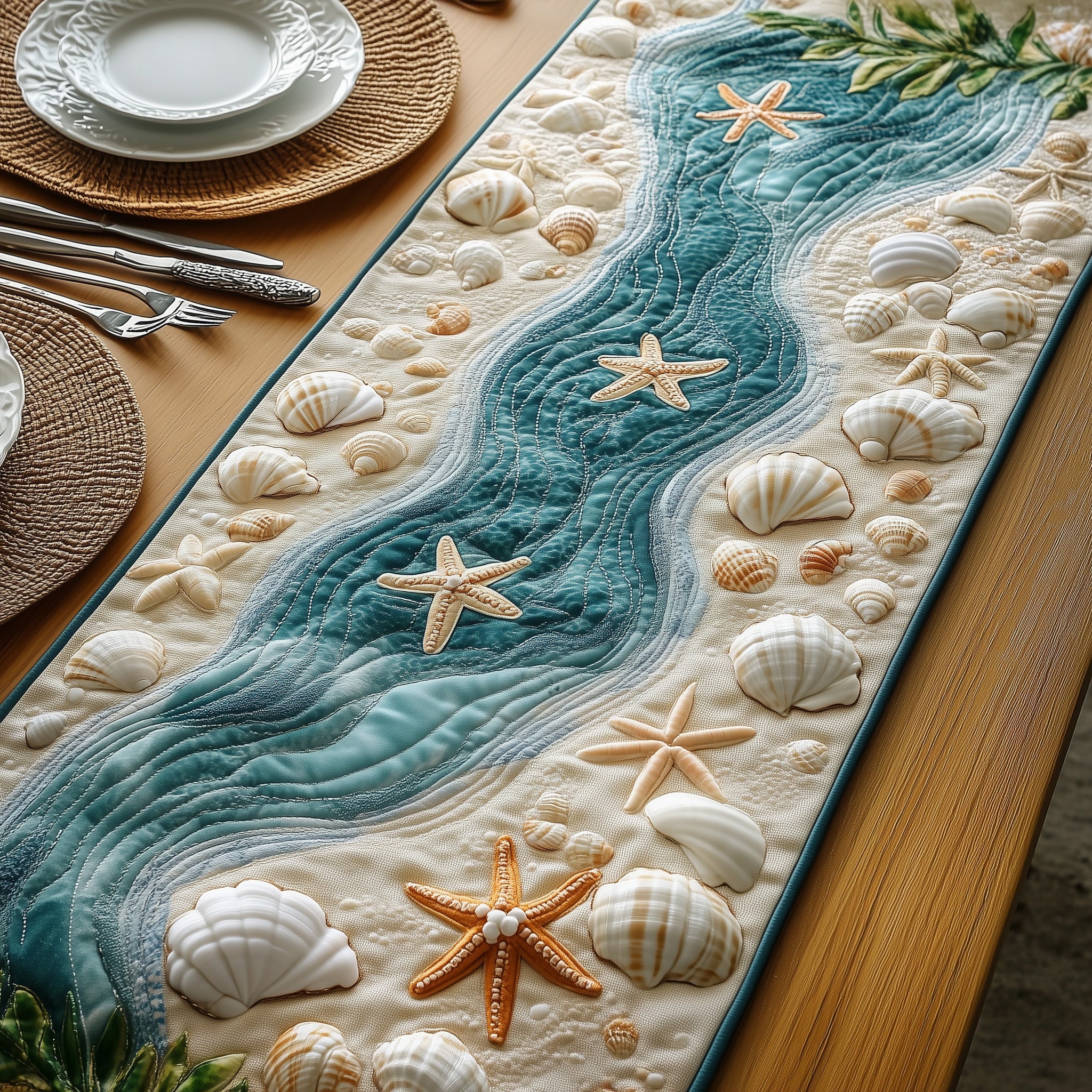 Seashell Quilted Table Runner Holiday Dinner Table Runner