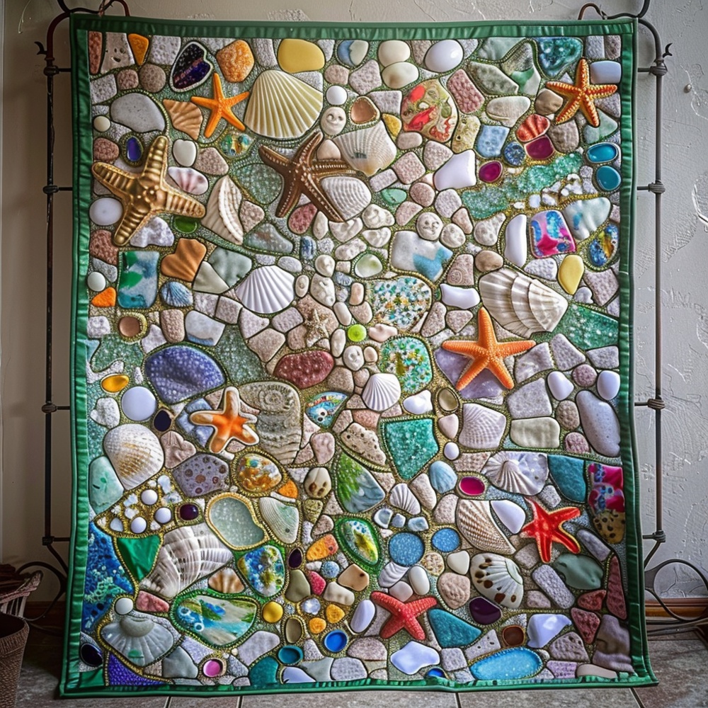 Seashell Starfish Beach Quilted Blanket Coastal Ocean Mosaic Throw Best Gift For Beach Lover Sea Fan
