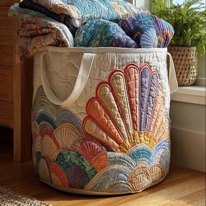 Seashell Wave Ocean Art Quilted Laundry Basket Coastal Home Decor Best Gift For Beach Lovers Fans