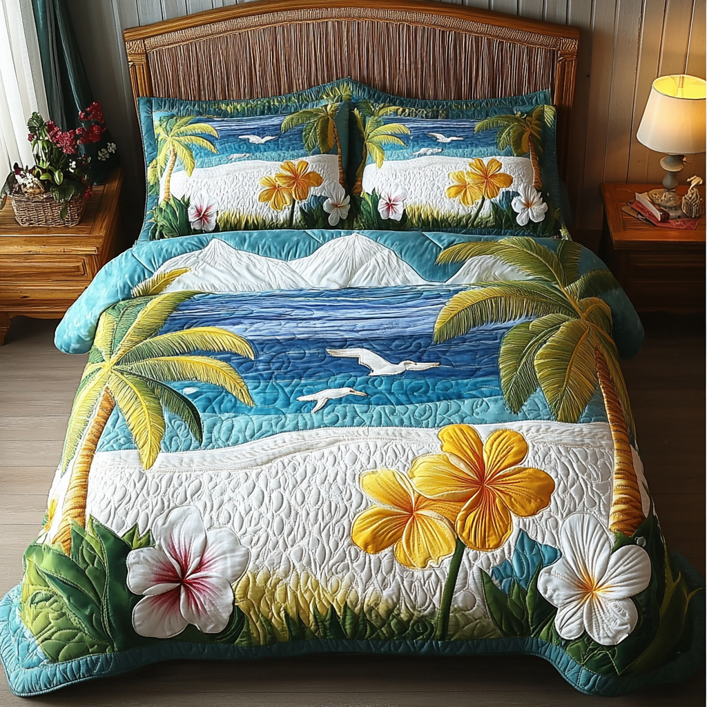Seaside Bloom Quilted Bedding Set Bed Room Decoration Gifts For Beach Goers