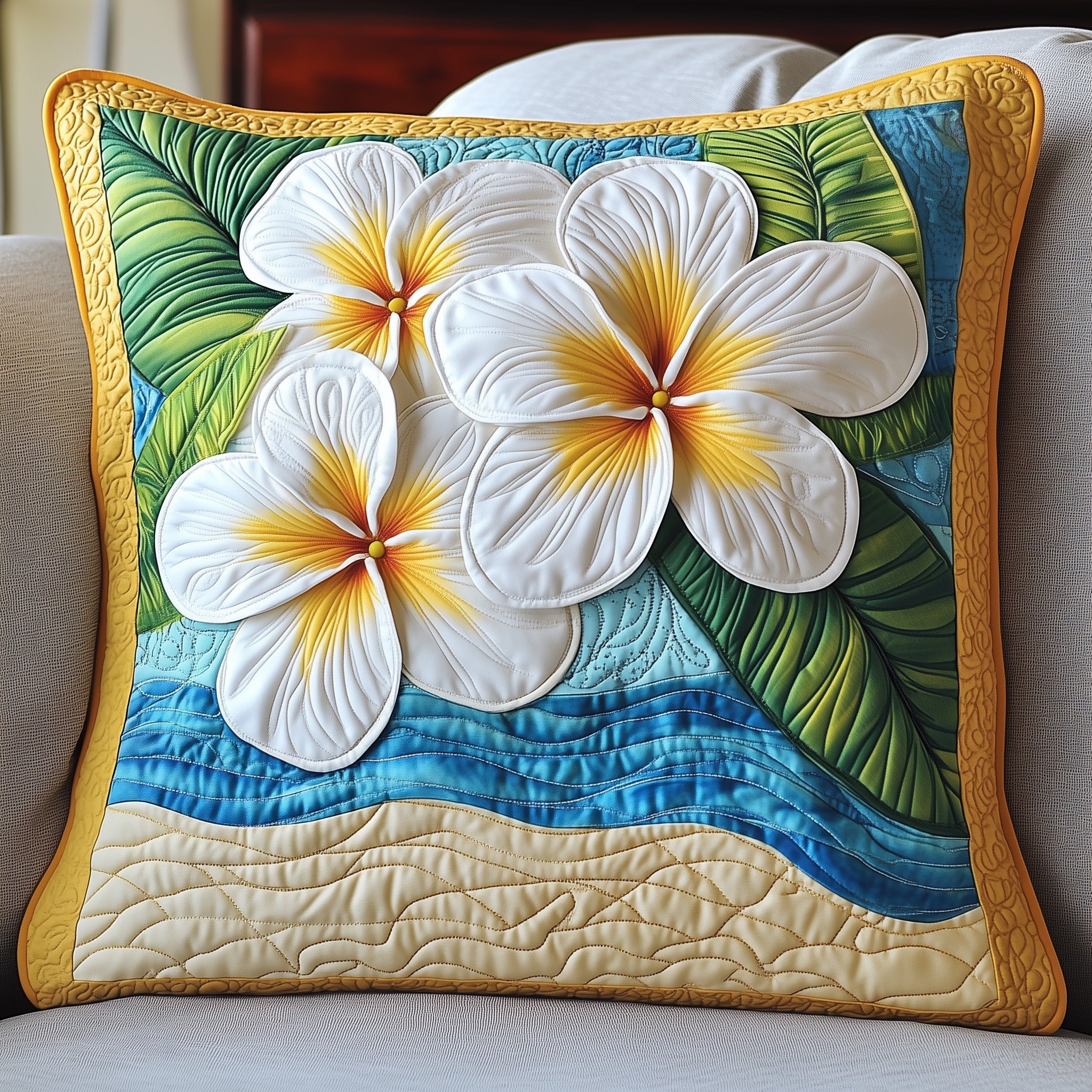 Seaside Blossom Plumera Quilted Pillow Case Gift For Girlfriend