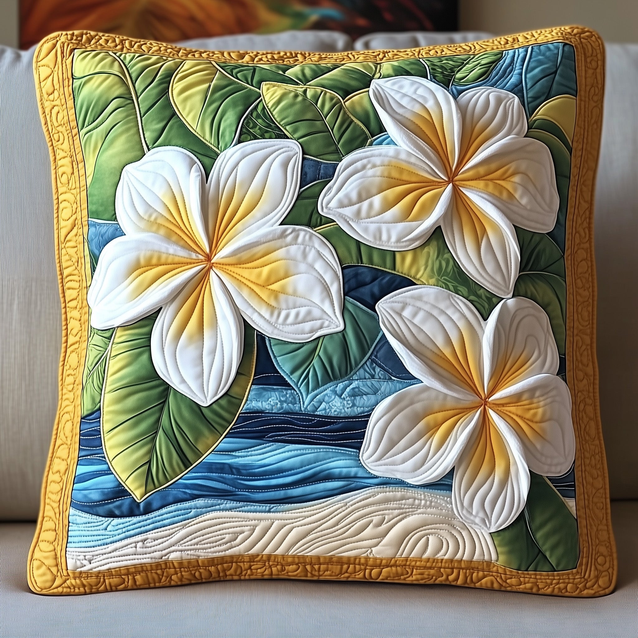 Seaside Blossom Plumera Quilted Pillow Case Square Pillow Cushion CoverBest Gifts For Beach Goers