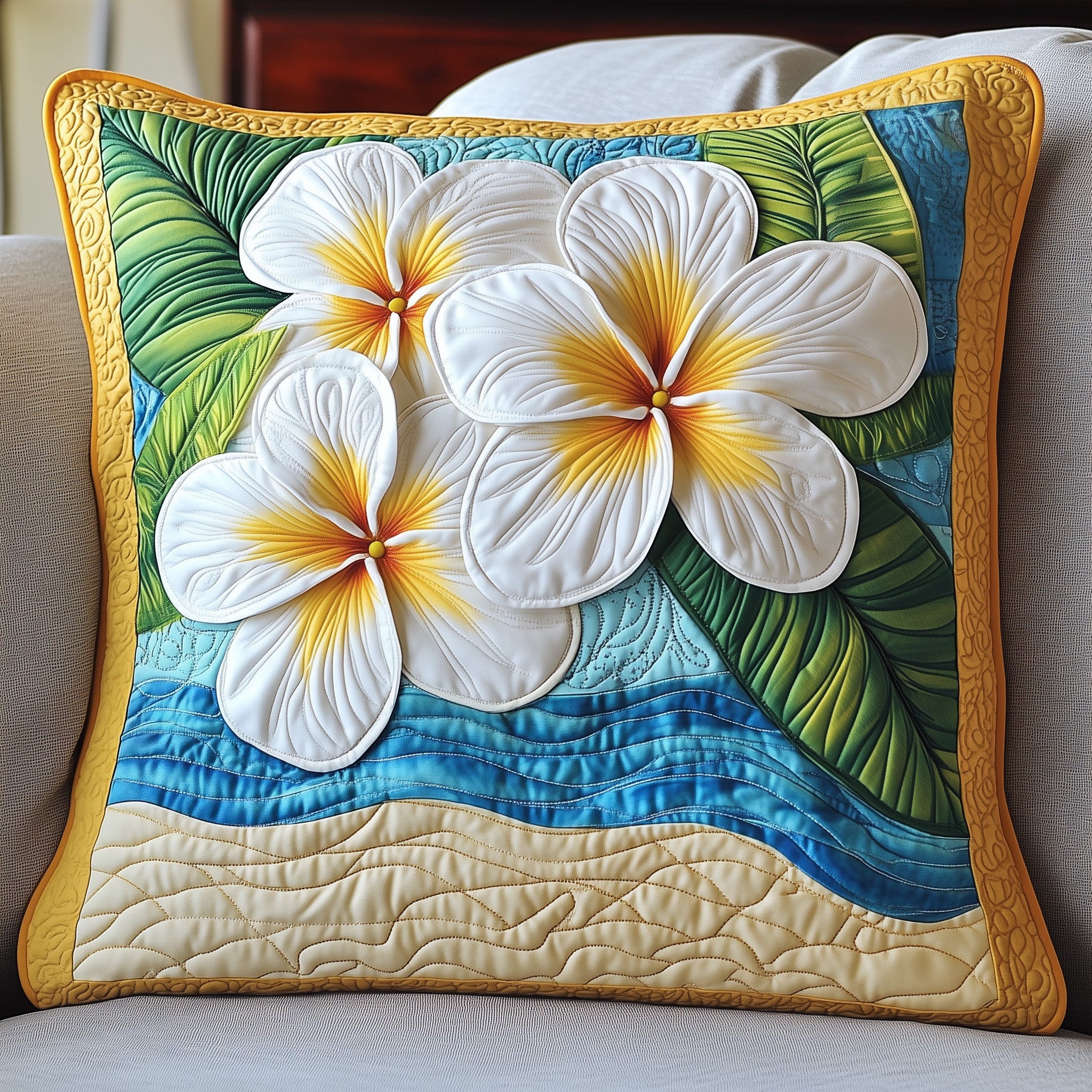 Seaside Blossom Plumera Quilted Pillow Case Square Pillow Cushion CoverBirthday Gift For Beach Lover