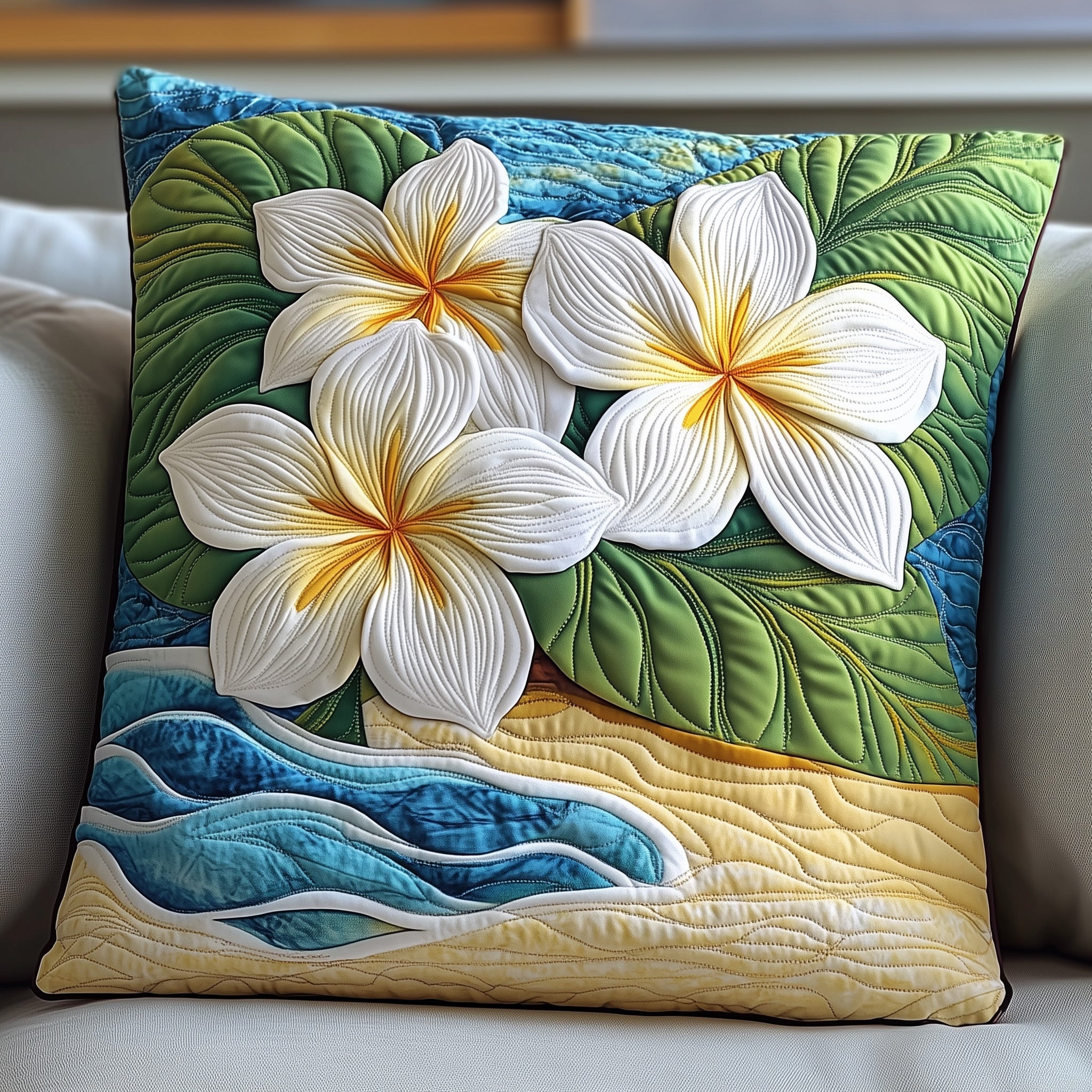 Seaside Blossom Plumera Quilted Pillow Case Square Pillow Cushion CoverBirthday Gifts For Beach Lovers