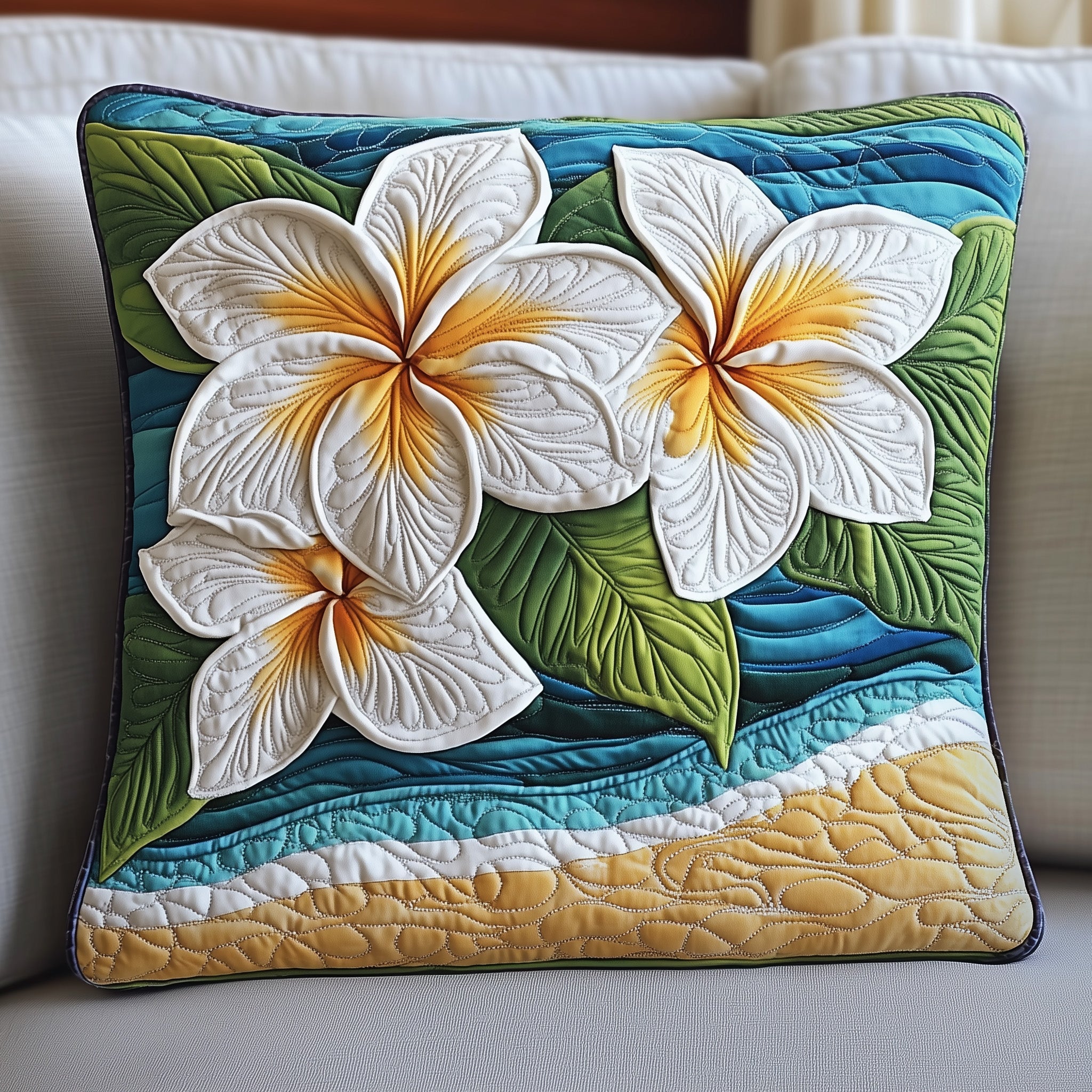Seaside Blossom Plumera Quilted Pillow Case Square Pillow Cushion CoverChristmas Presents For Beach Lovers