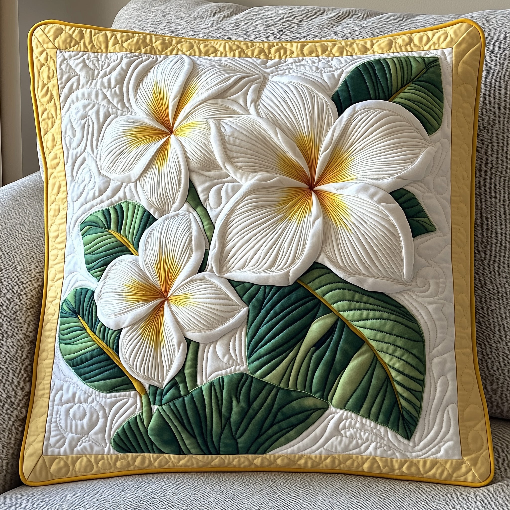 Seaside Blossom Plumera Quilted Pillow Case Square Pillow Cushion CoverGifts For Beach Lovers For Her