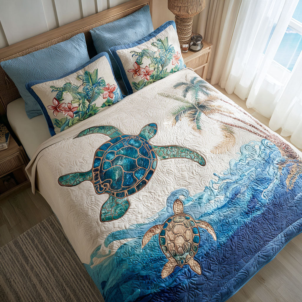Seaside Drift Quilted Bedding Set Cute Room Decor Unique Sea Turtle Gifts