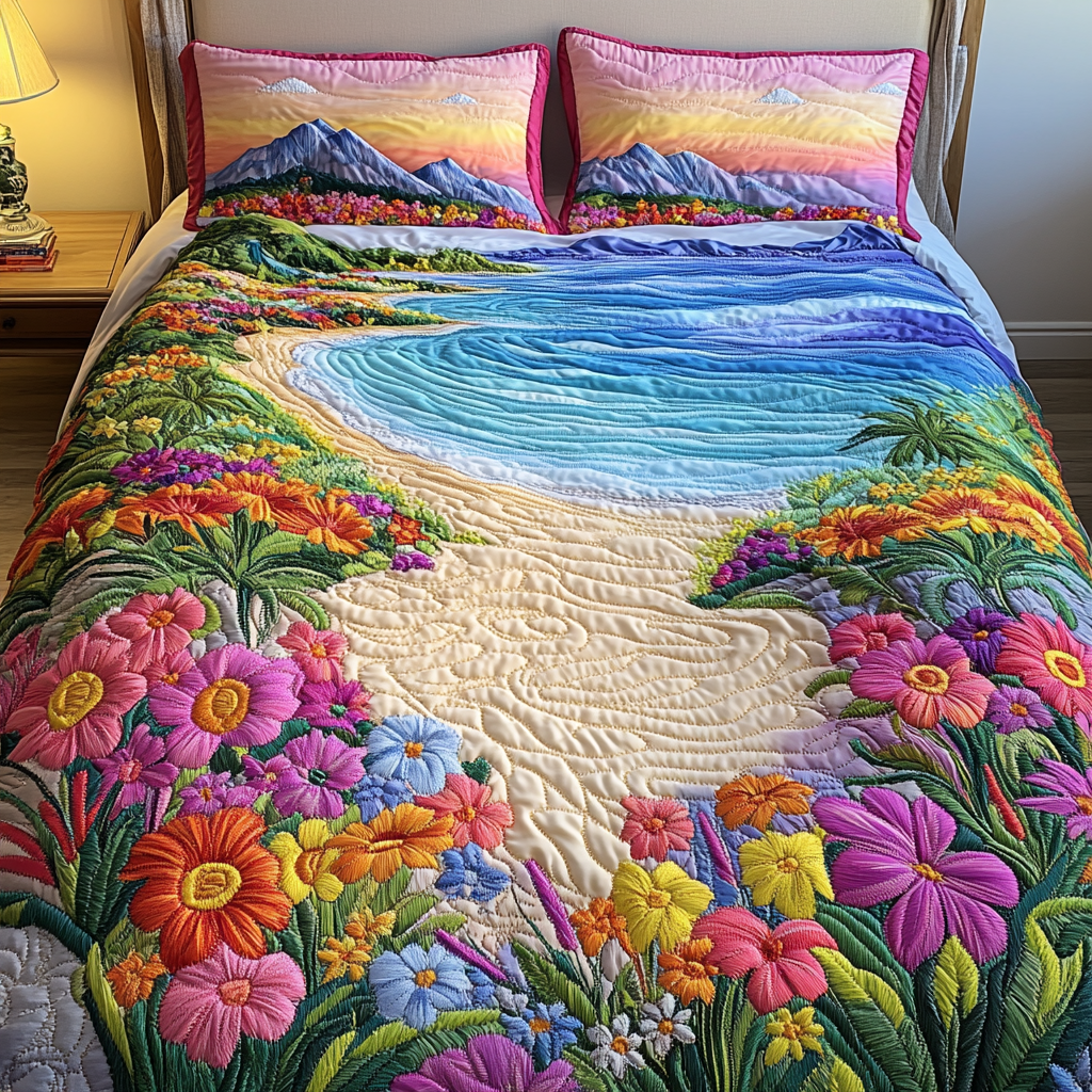 Seaside Flora Quilted Bedding Set Cute Bedroom Decor Christmas Gift Ideas For Surfers