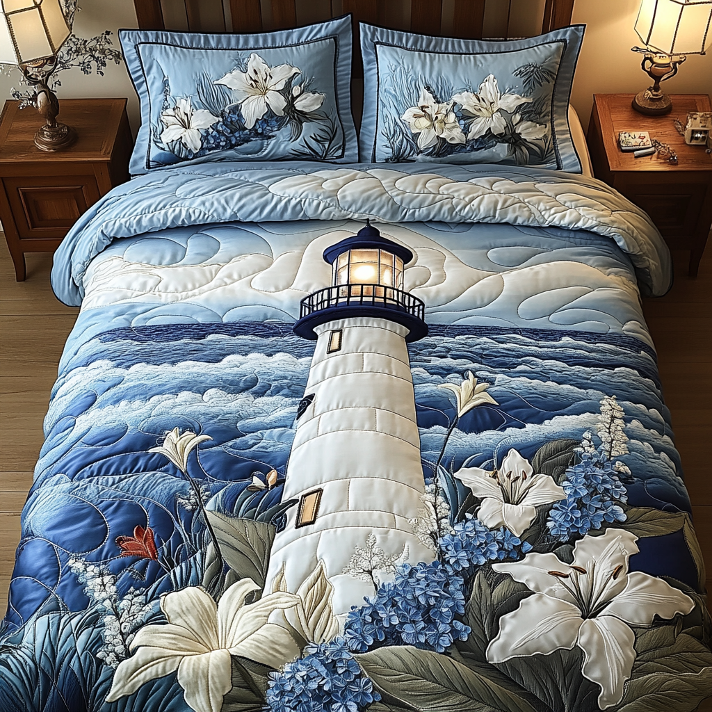 Seaside Glow Quilted Bedding Set Best Bed Sheet Set Lighthouse Gift Ideas For Him