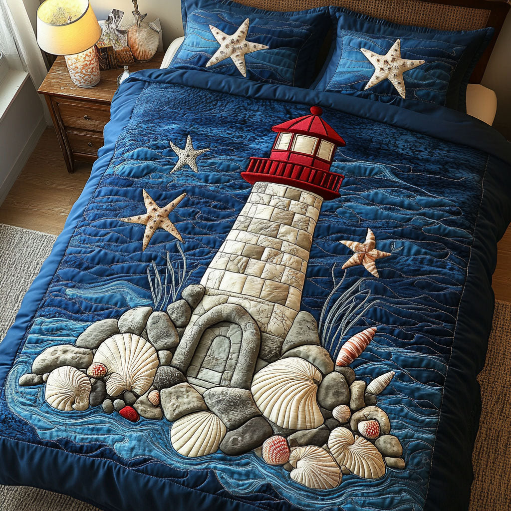 Seaside Guardian Quilted Bedding Set Aesthetic Room Decor Lighthouse Gift Ideas For Him