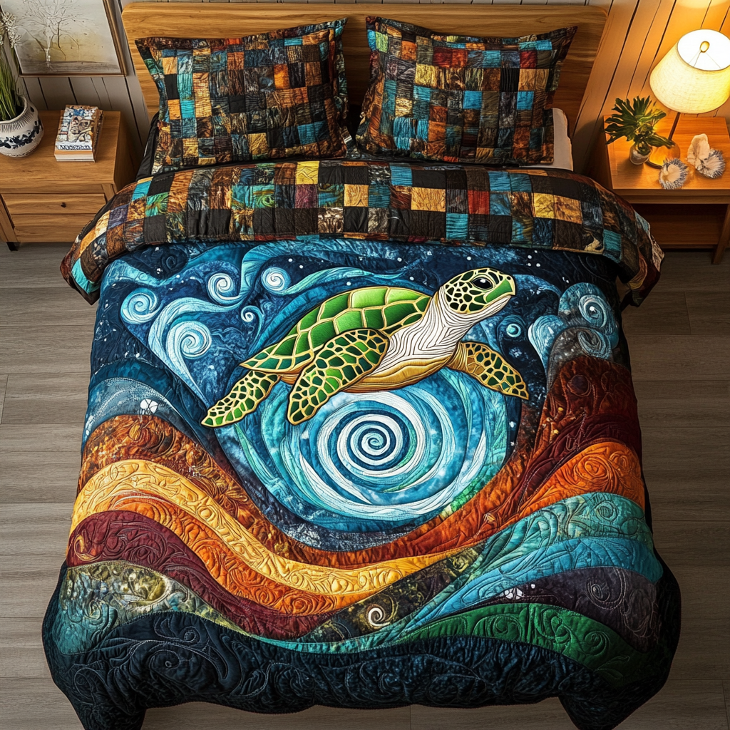 Seaside Guardian Quilted Bedding Set Aesthetic Room Decor Unique Sea Turtle Gifts