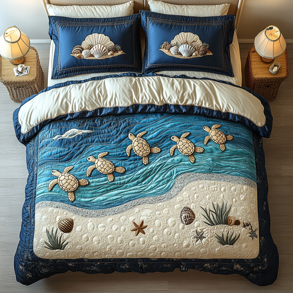 Seaside Guardian Quilted Bedding Set Holiday Duvet Covers Gifts For Sea Turtle Lovers