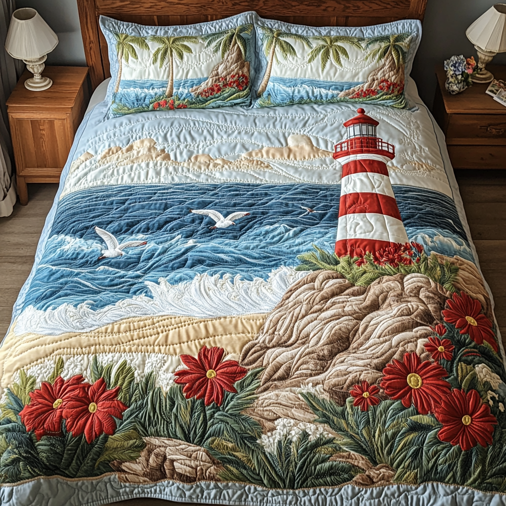 Seaside Lighthouse Quilted Bedding Set Unique Bed Sheet Set Lighthouse Gifts For Him