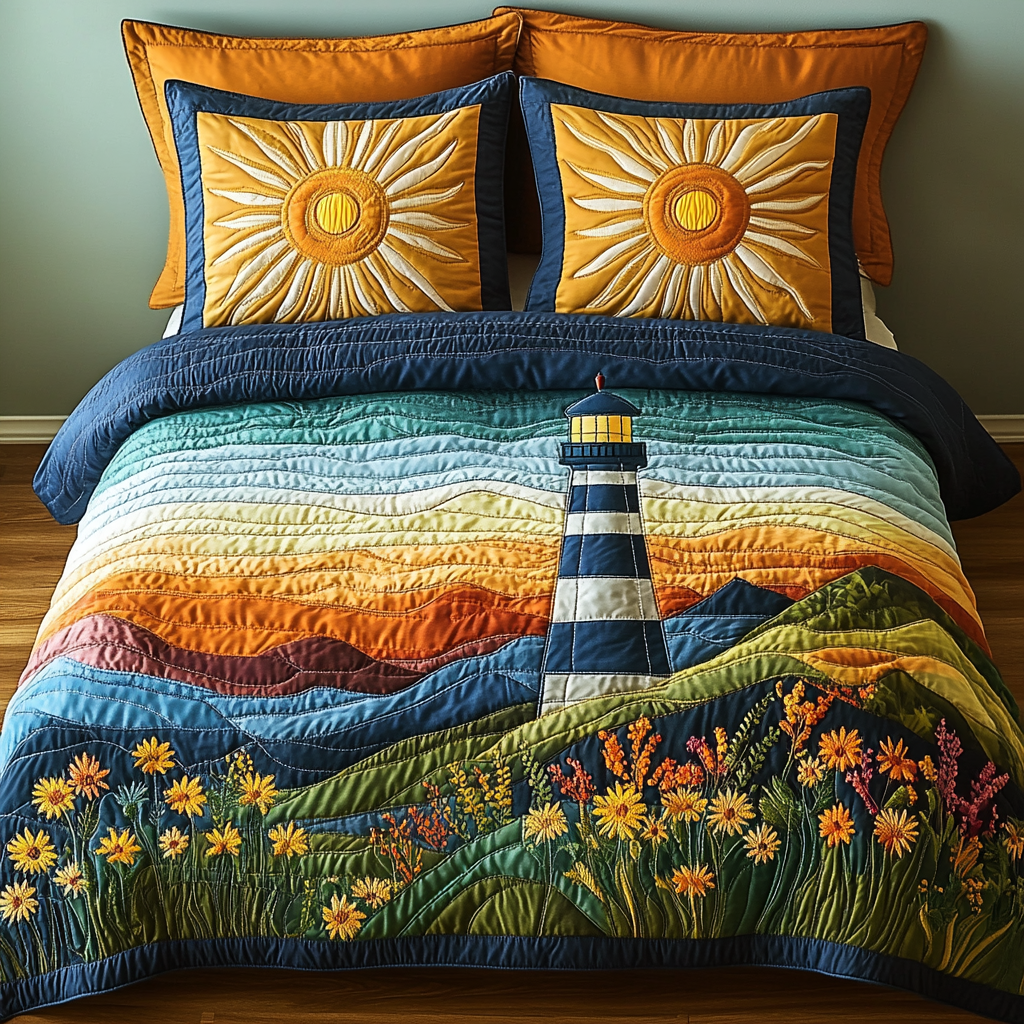 Seaside Sentinel Quilted Bedding Set Bed Room Decoration Gifts For Lighthouse Lovers