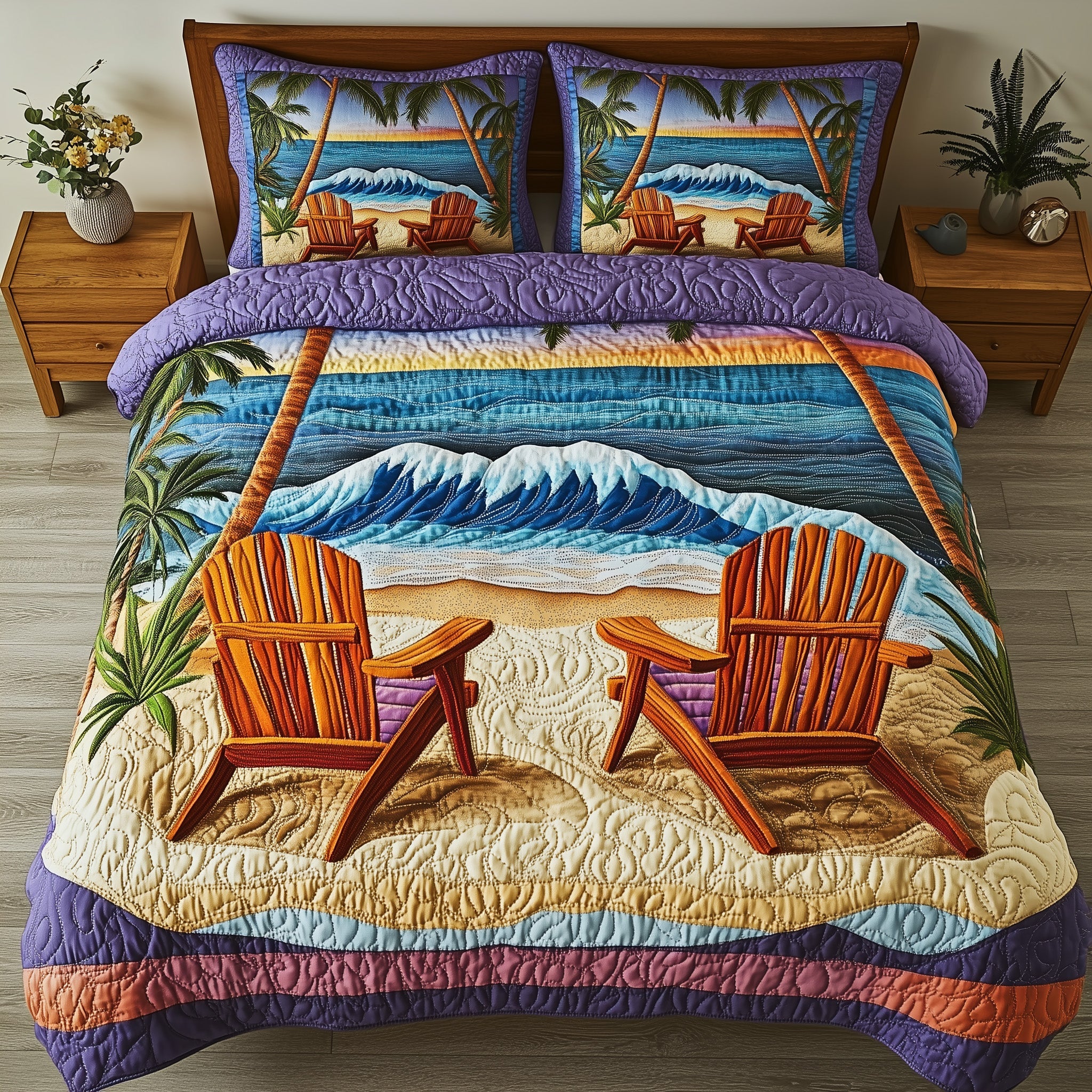 Seaside Sunset Chairs Quilted Bedding Set Duvet Cover Bed Sheet Father Christmas Gifts