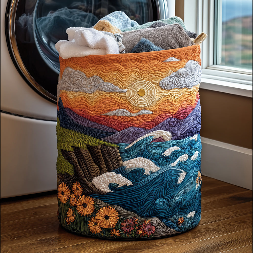 Seaside Sunset Quilted Laundry Basket Unique Gift For Laundry Lovers