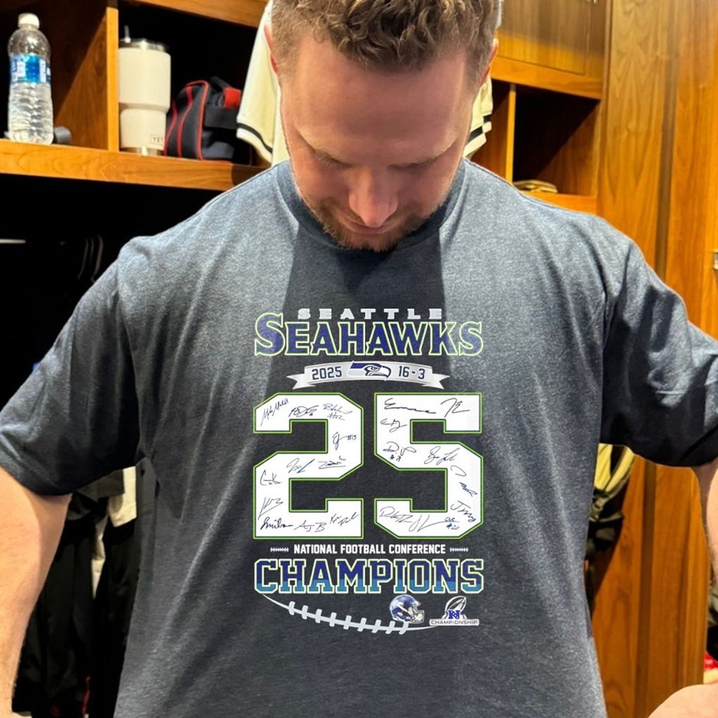 Seattle Football 2025 16-3 NFC Champions 12-Time Signatures Shirt Seahawks Apparel