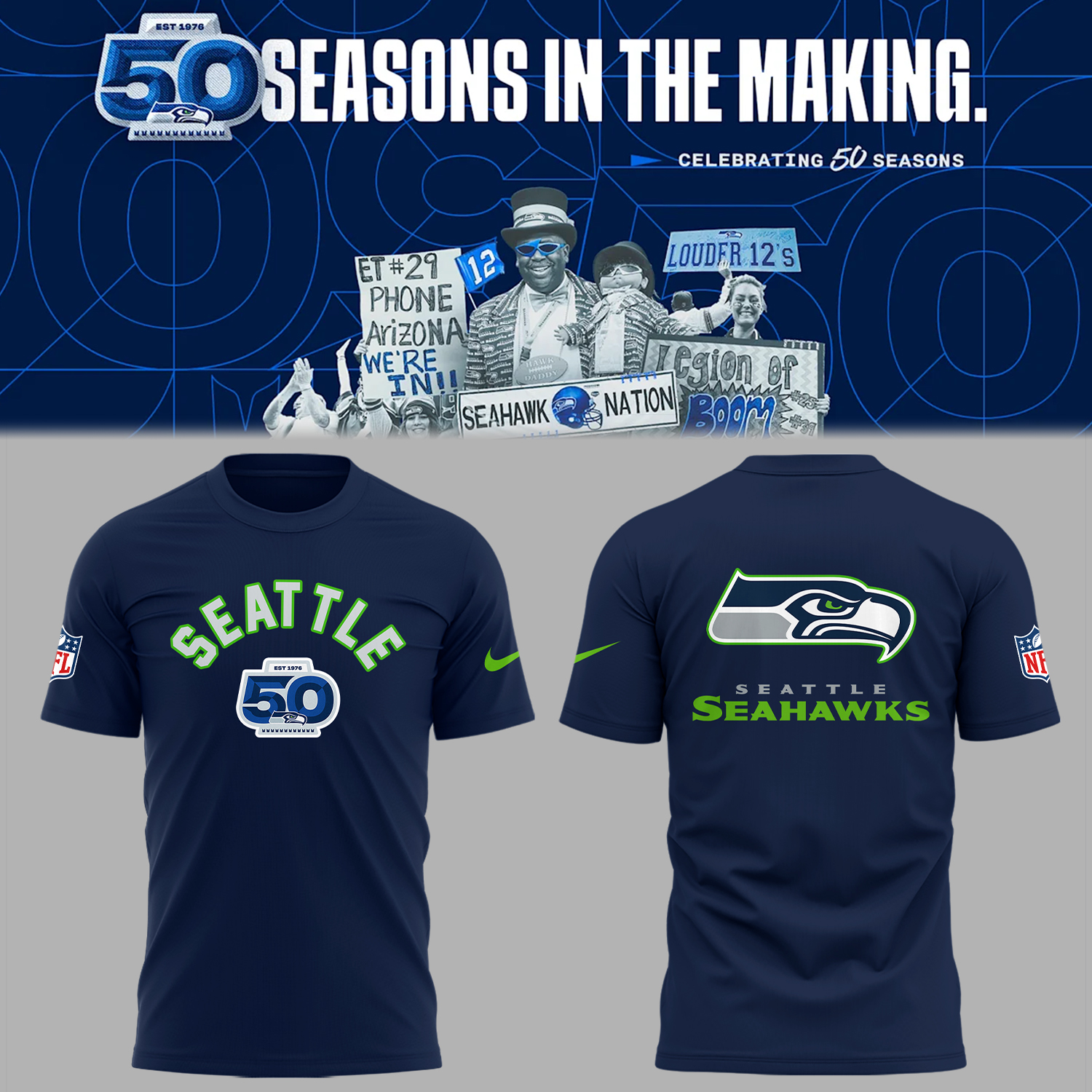 Seattle Football 50th logo Navy T-Shirt Gifts To Give Football Players