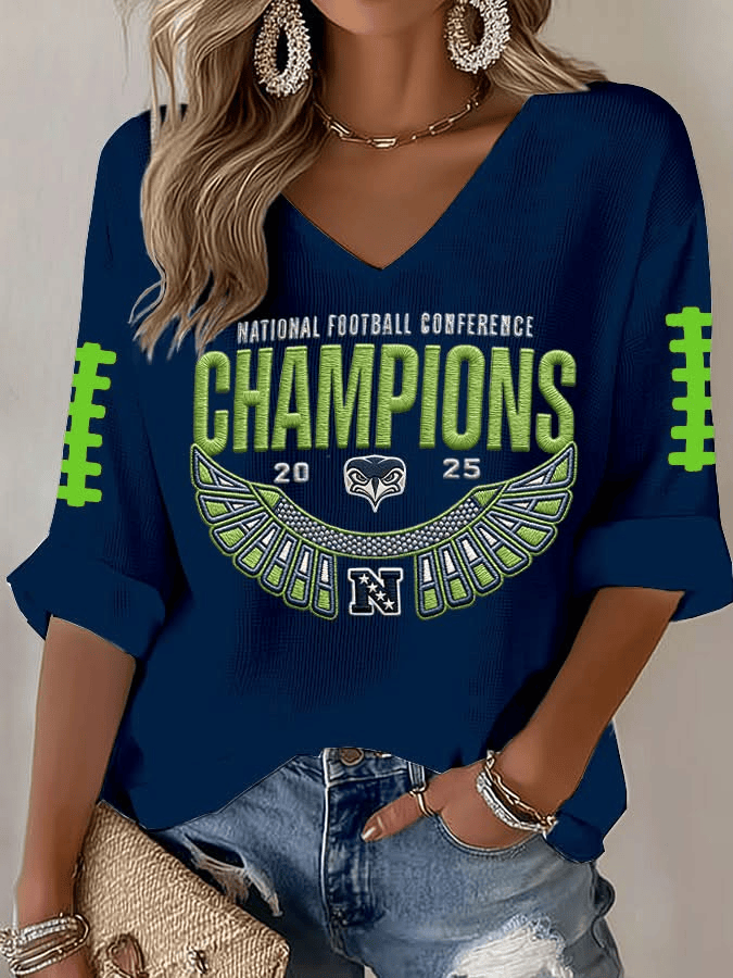 Seattle Football Super Bowl Merch 2026 Long Sleeve V-Neck T-Shirt Seahawks Merch Game Day Shirt