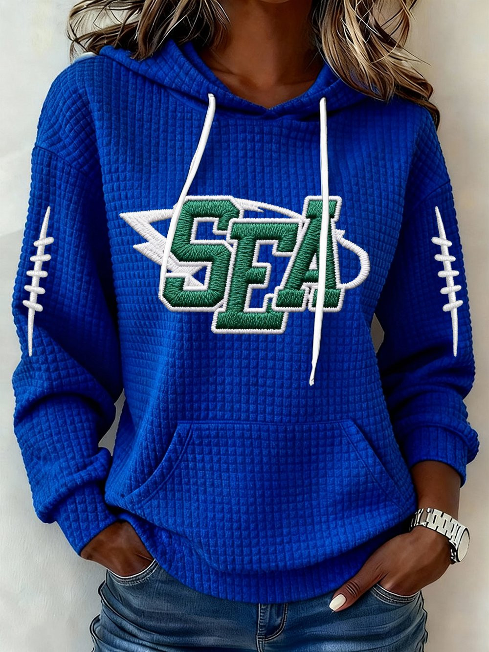 Seattle Football Waffle Hoodie Seahawks Merch Game Day Seattle Pride Hoodie Blue