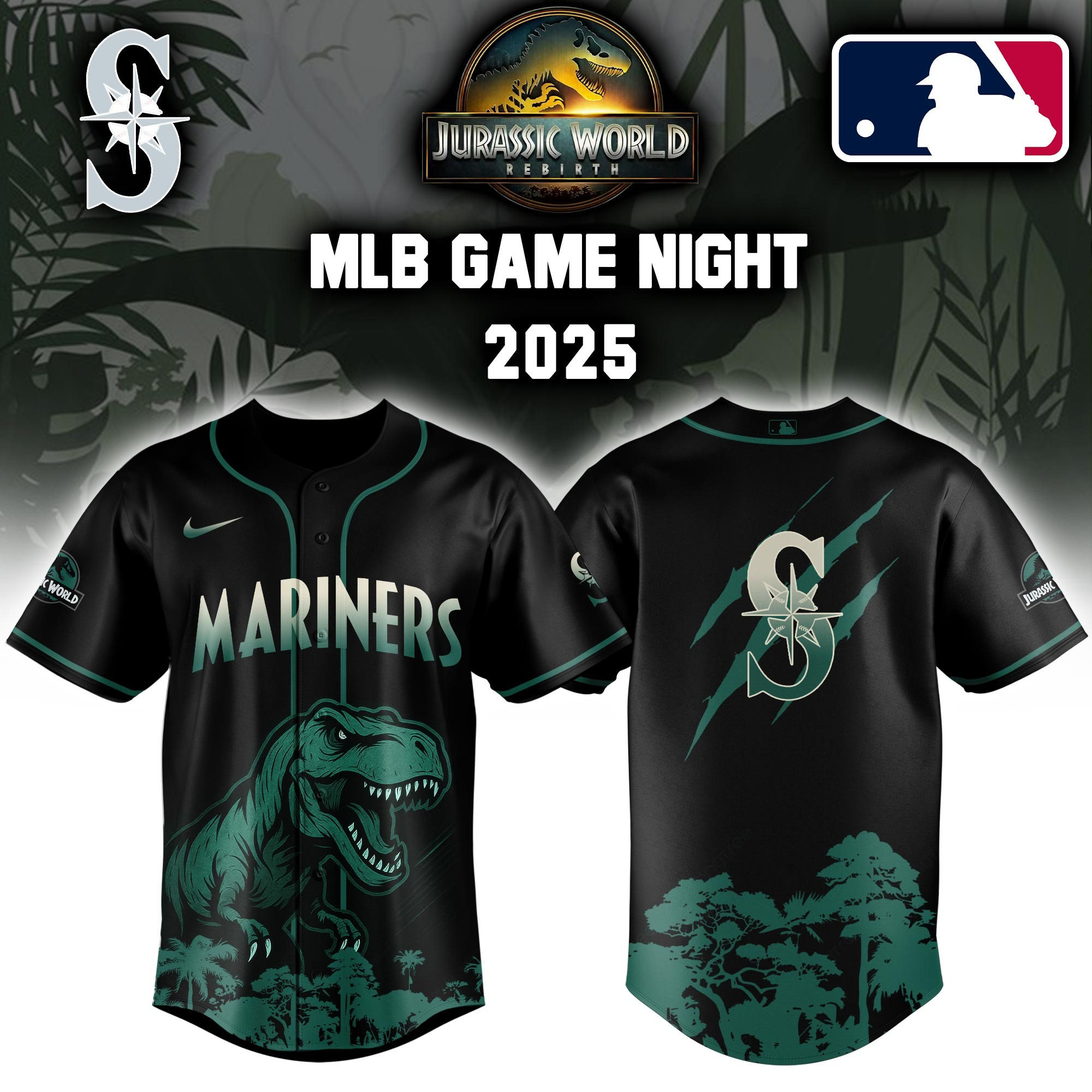 Seattle Mariners x Jurassic World Baseball Jersey Baseball Team Gift Ideas