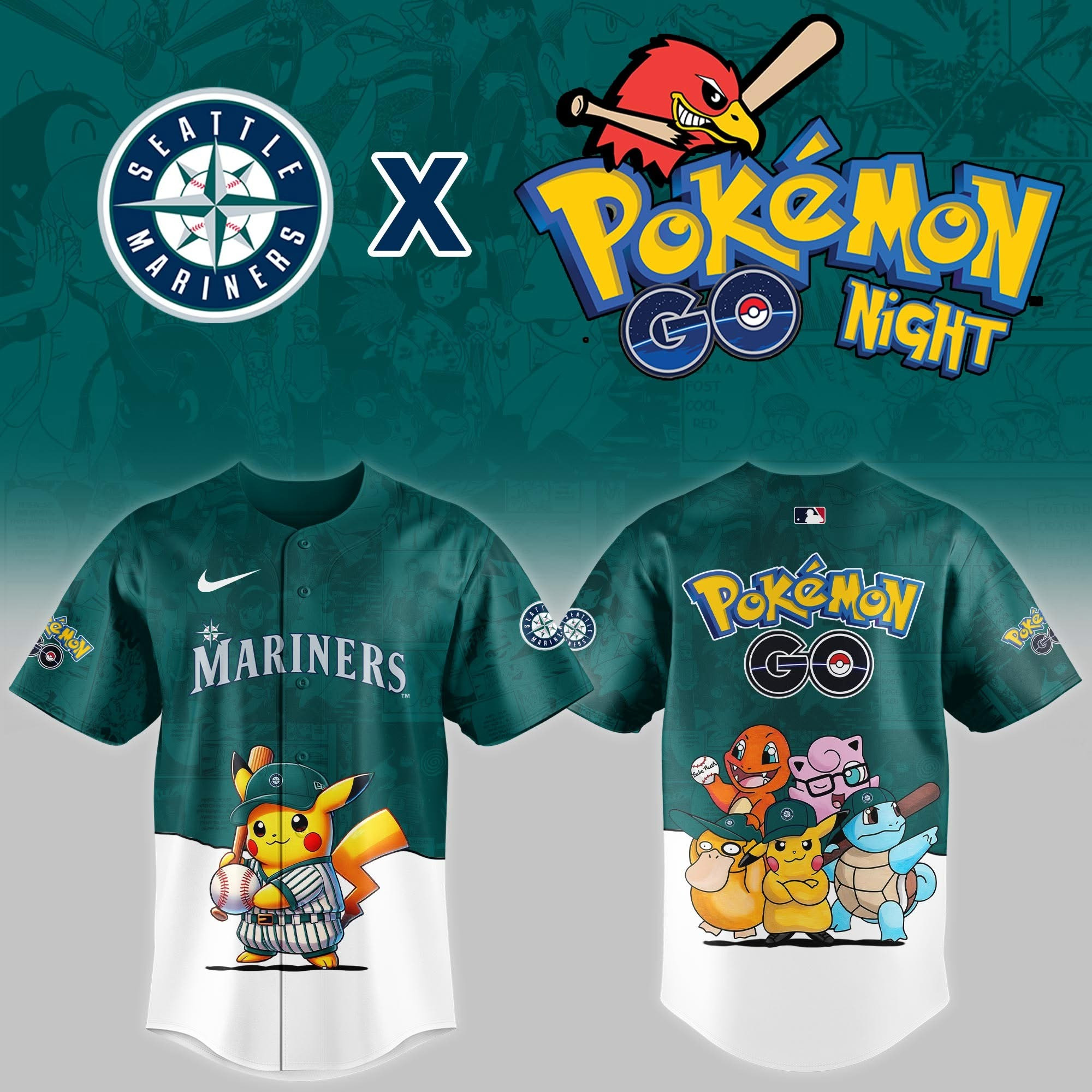 Seattle Mariners x Pokemon GO Night Jersey MLB Merch Fan Gifts For Pokemon Go Lovers