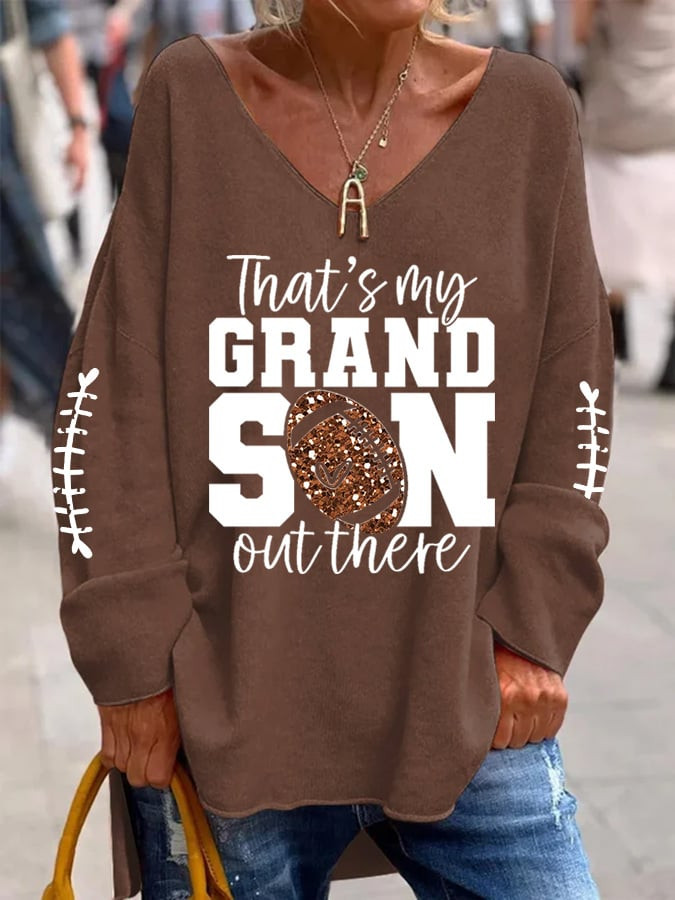 Seattle Seahawks Merch That's My Grandson Out There V-Neck Long Sleeve Shirt Game Day Clothing