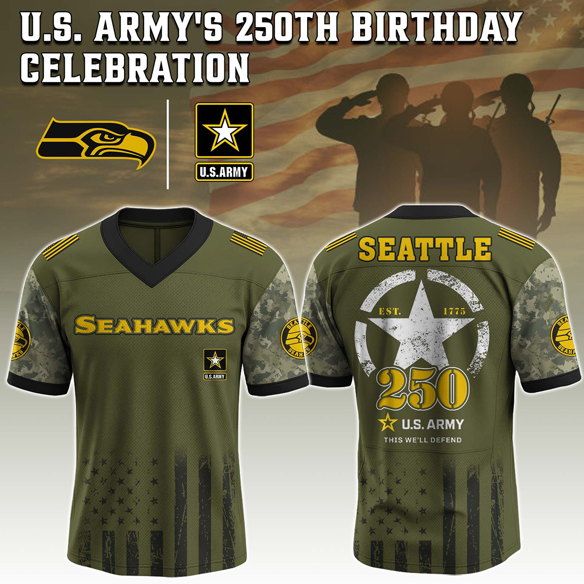 Seattle Seahawks US Army 250th Football Jersey V-Neck Gift For Seahawks Loyalists